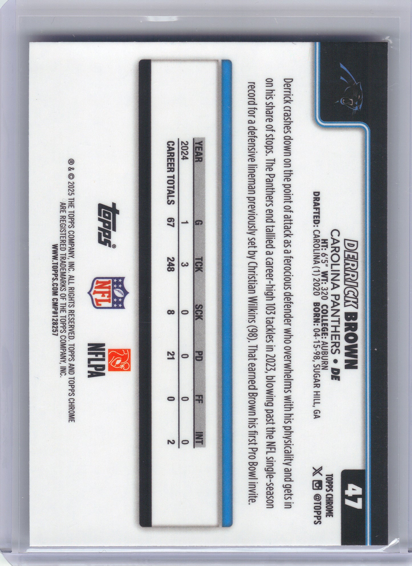 2025 Topps Chrome #47 Derrick Brown Prism Refractor Carolina Panthers