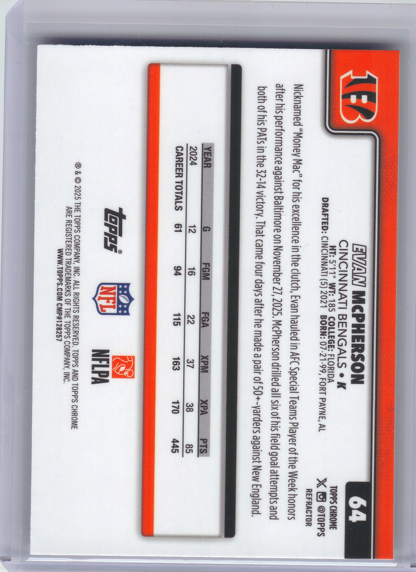 2025 Topps Chrome #64 Evan McPherson Refractor Cincinnati Bengals