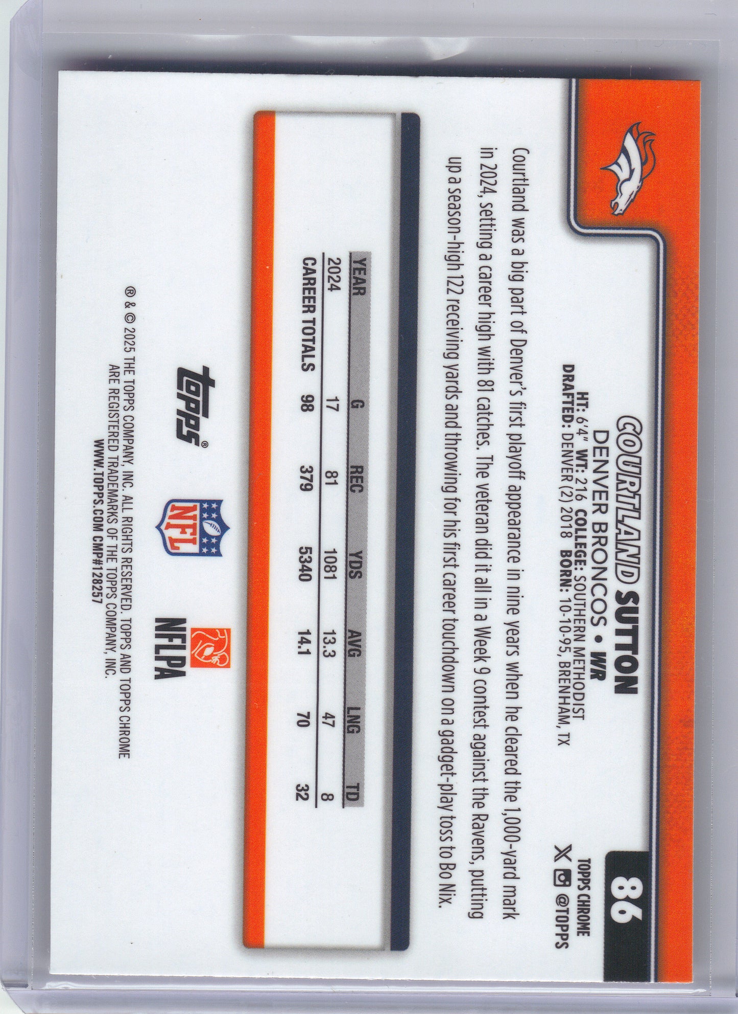 2025 Topps Chrome #86 Courtland Sutton Hot Pink X-Fractor Denver Broncos