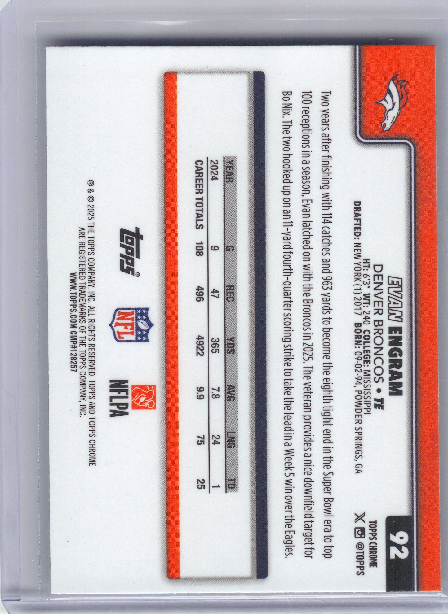 2025 Topps Chrome #92 Evan Engram X-Fractor Denver Broncos