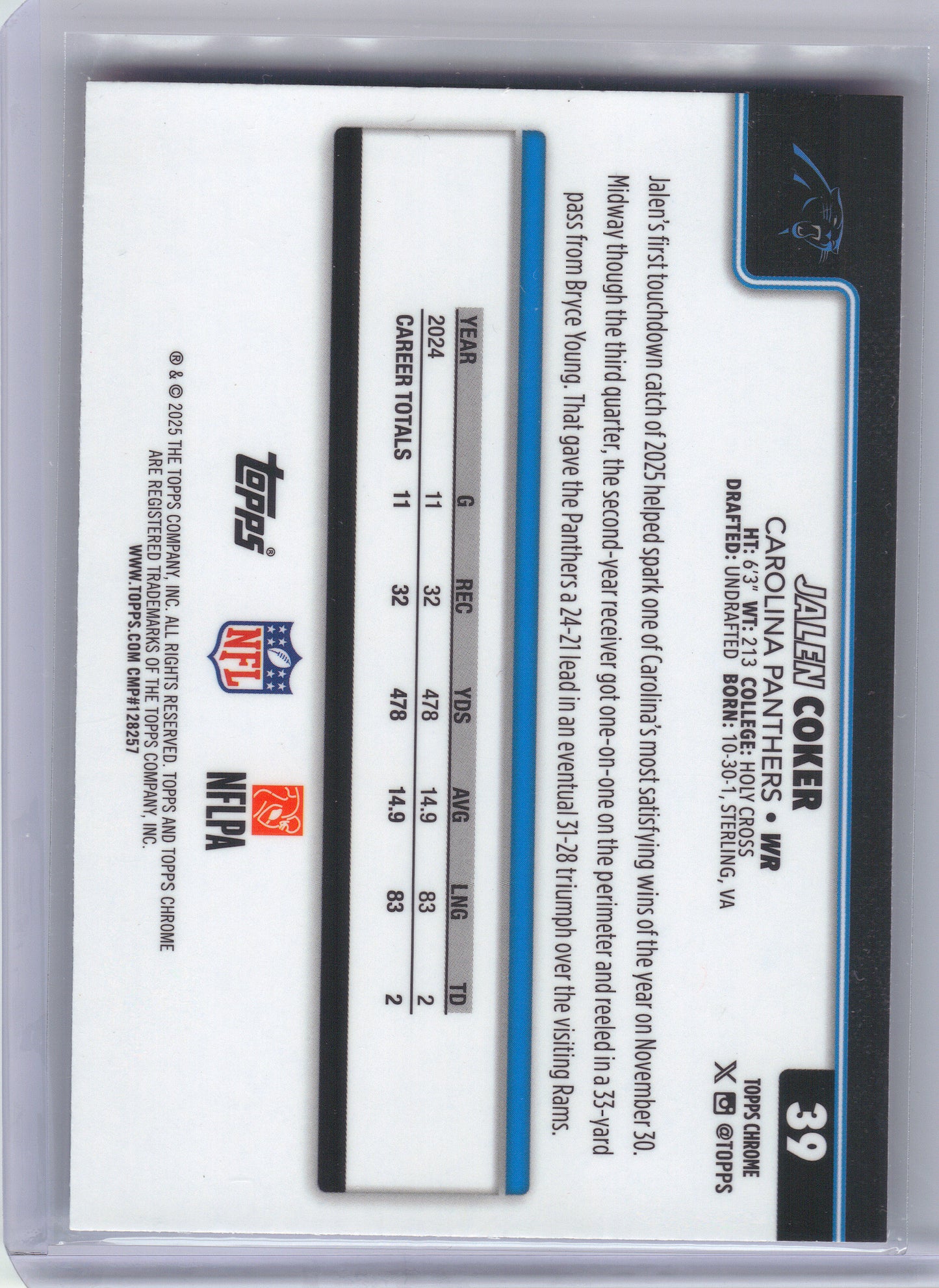 2025 Topps Chrome #39 Jalen Coker Red White and Blue Refractor Carolina Panthers