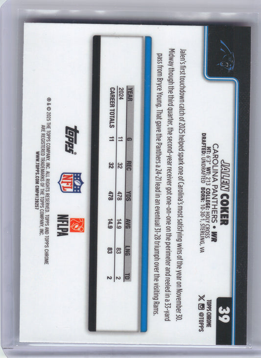 2025 Topps Chrome #39 Jalen Coker Red White and Blue Refractor Carolina Panthers