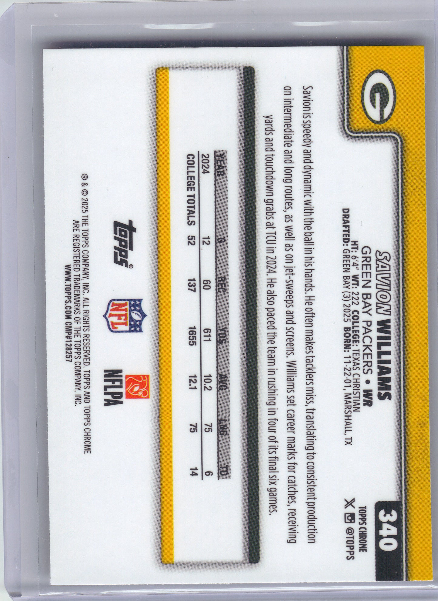 2025 Topps Chrome #340 Savion Williams Football Leather Refractor Green Bay Packers RC