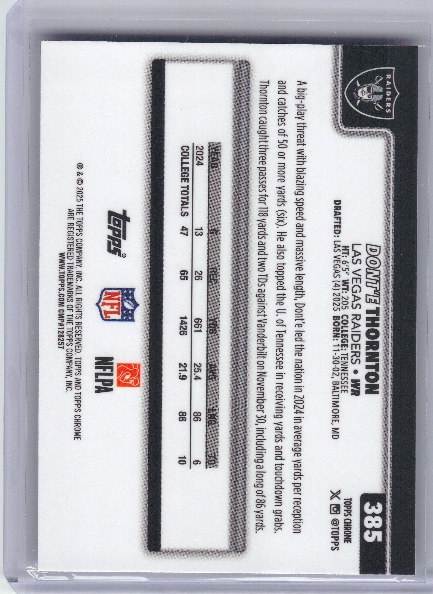 2025 Topps Chrome #385 Dont'e Thornton Jr. Las Vegas Raiders RC