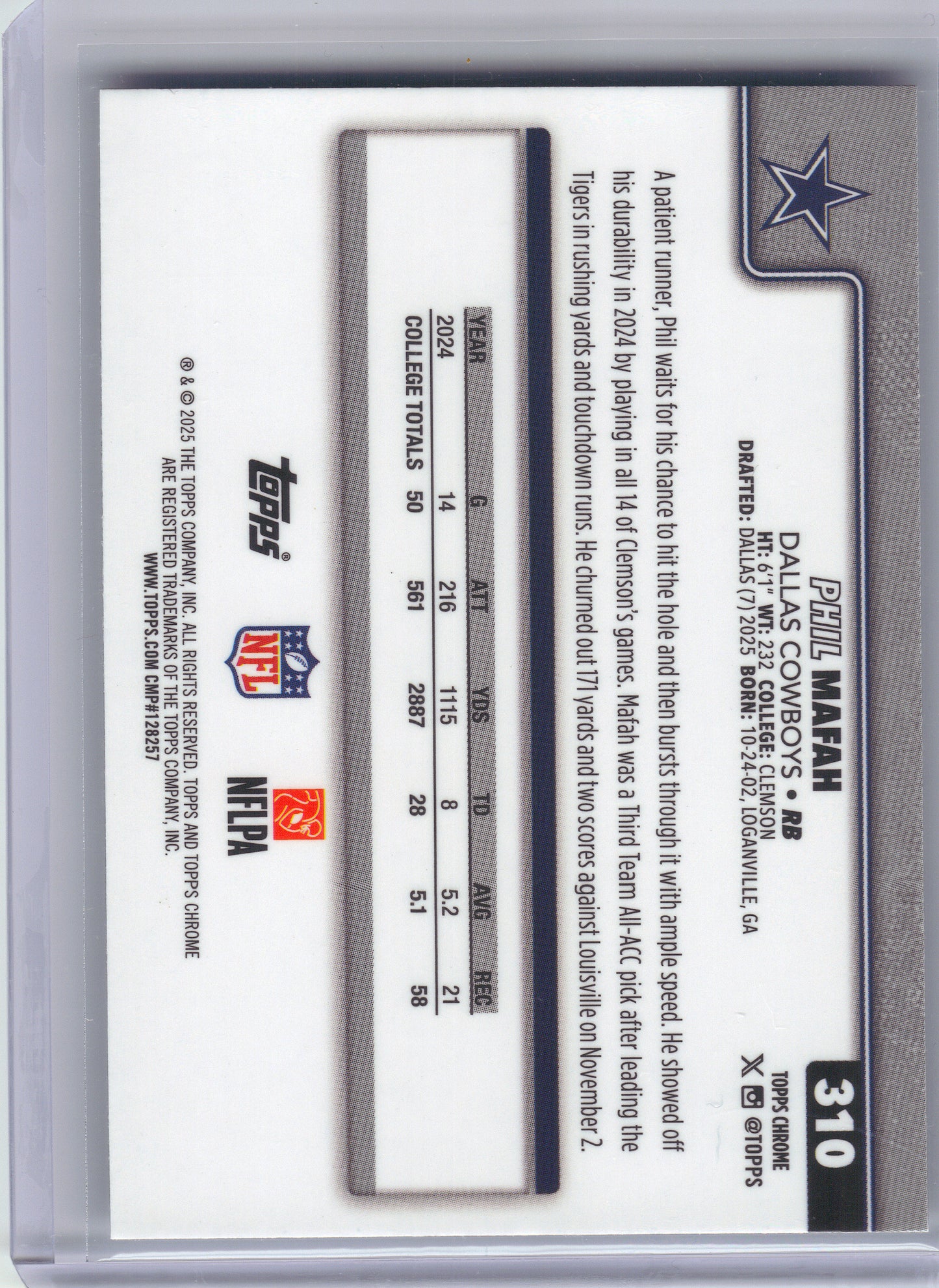 2025 Topps Chrome #310 Phil Mafah X-Fractor Dallas Cowboys RC