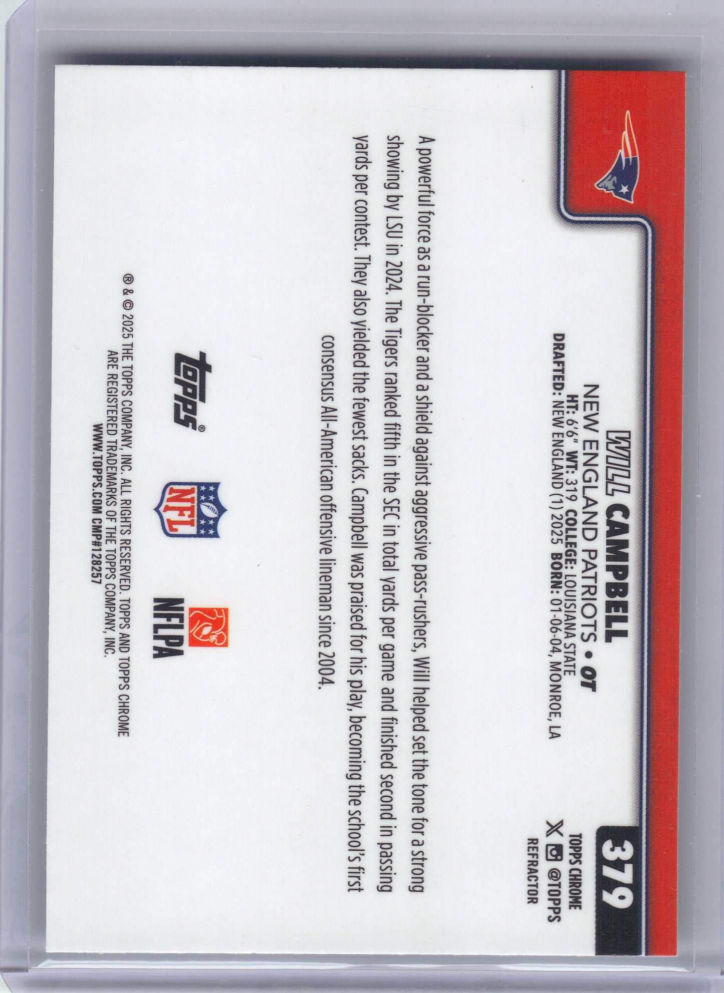 2025 Topps Chrome #379 Will Campbell Refractor New England Patriots RC