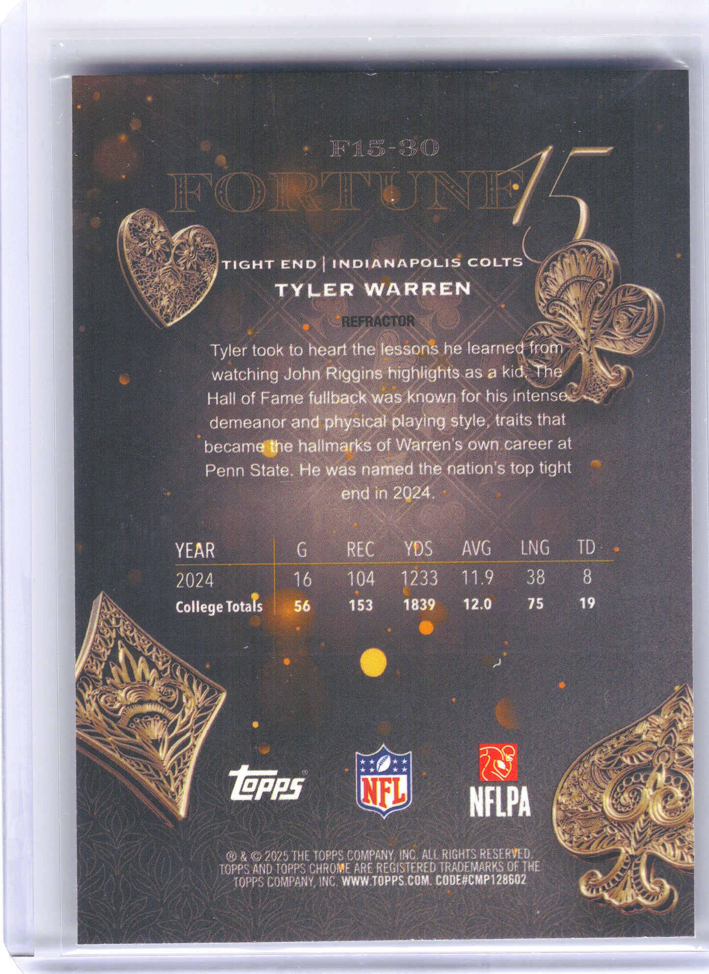 2025 Topps Chrome #F15-30 Tyler Warren Fortune 15 Refractor Indianapolis Colts