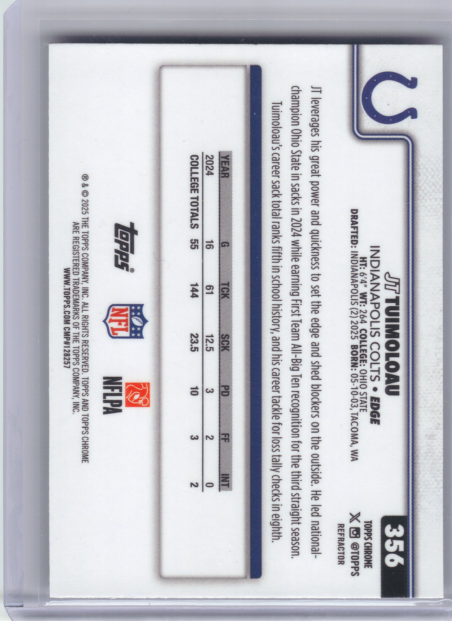 2025 Topps Chrome #356 JT Tuimoloau Refractor Indianapolis Colts RC