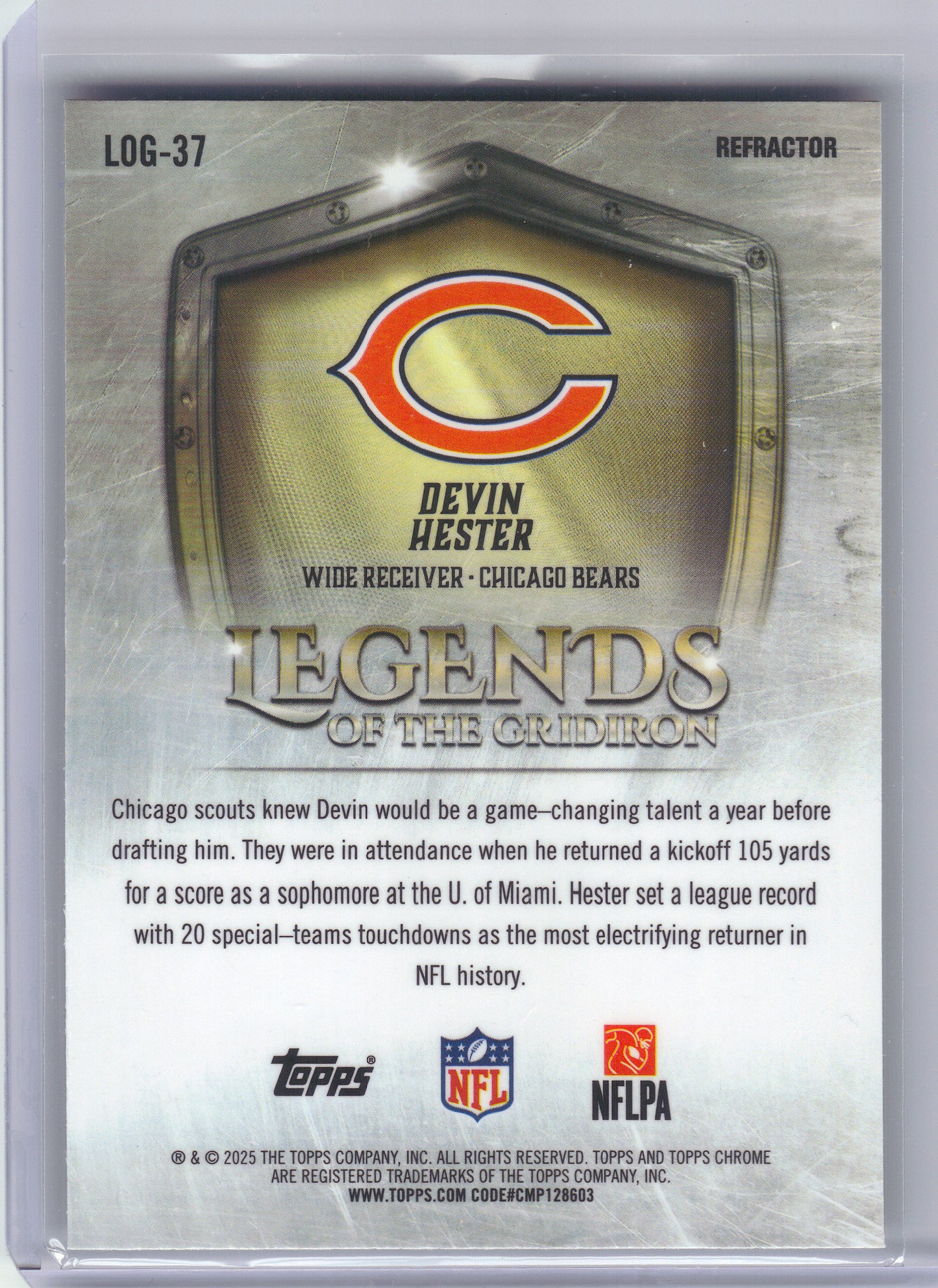 2025 Topps Chrome #LOG-37 Devin Hester Legends of the Gridiron Refractor Chicago Bears