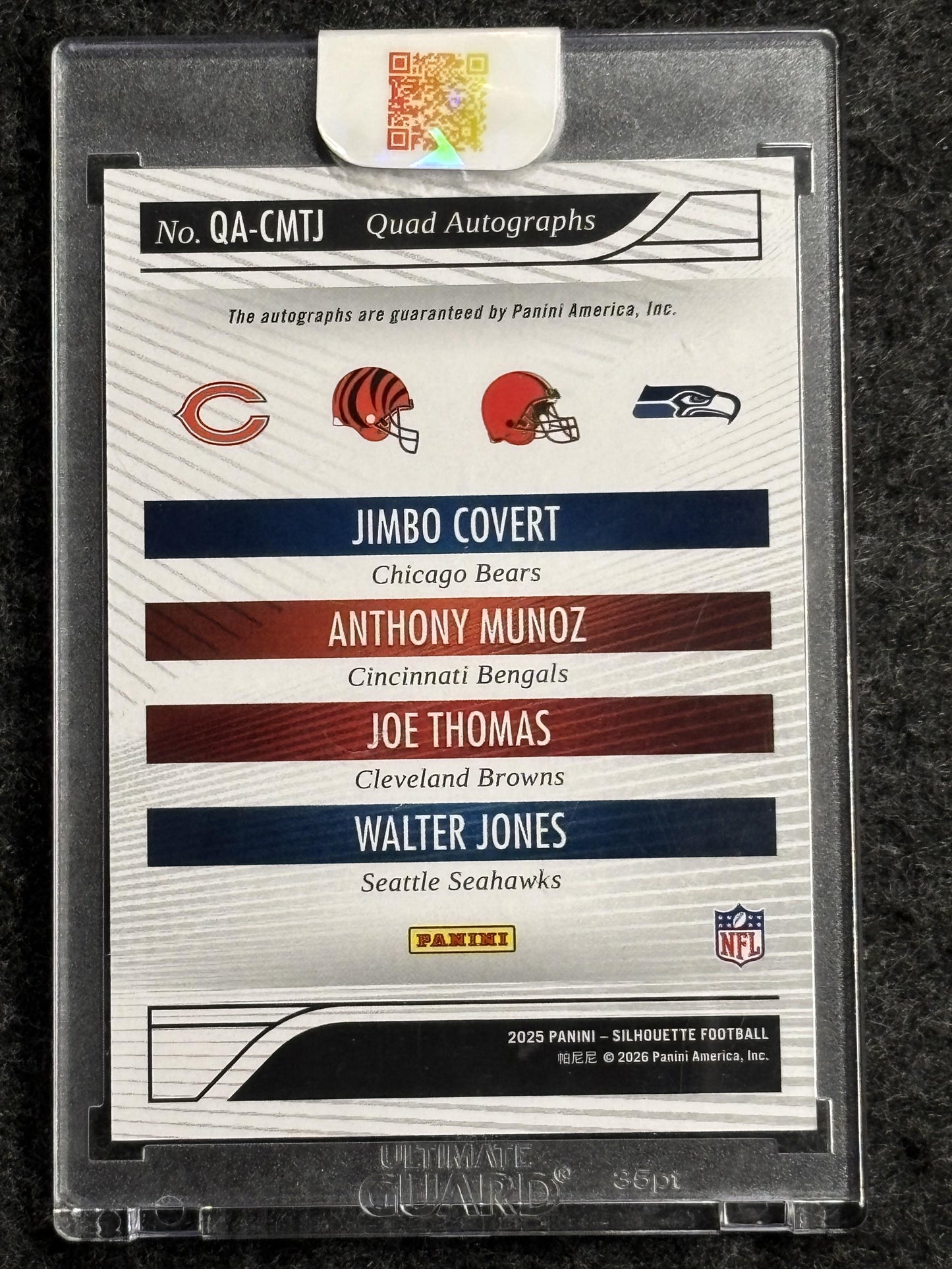 2025 Panini Silhouette #QA-CMTJ Joe Thomas, Jimbo Covert, Anthony Munoz, Walter Jones Quad Autographs/25 Cleveland Browns SN,AU