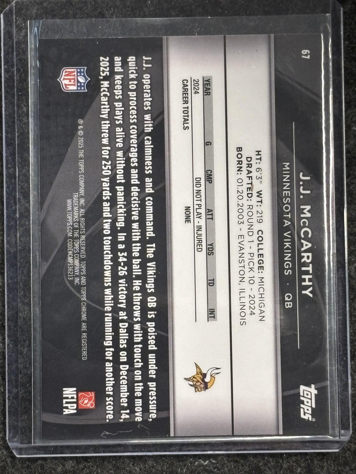 2025 Topps Chrome Black #67 J.J. McCarthy Minnesota Vikings