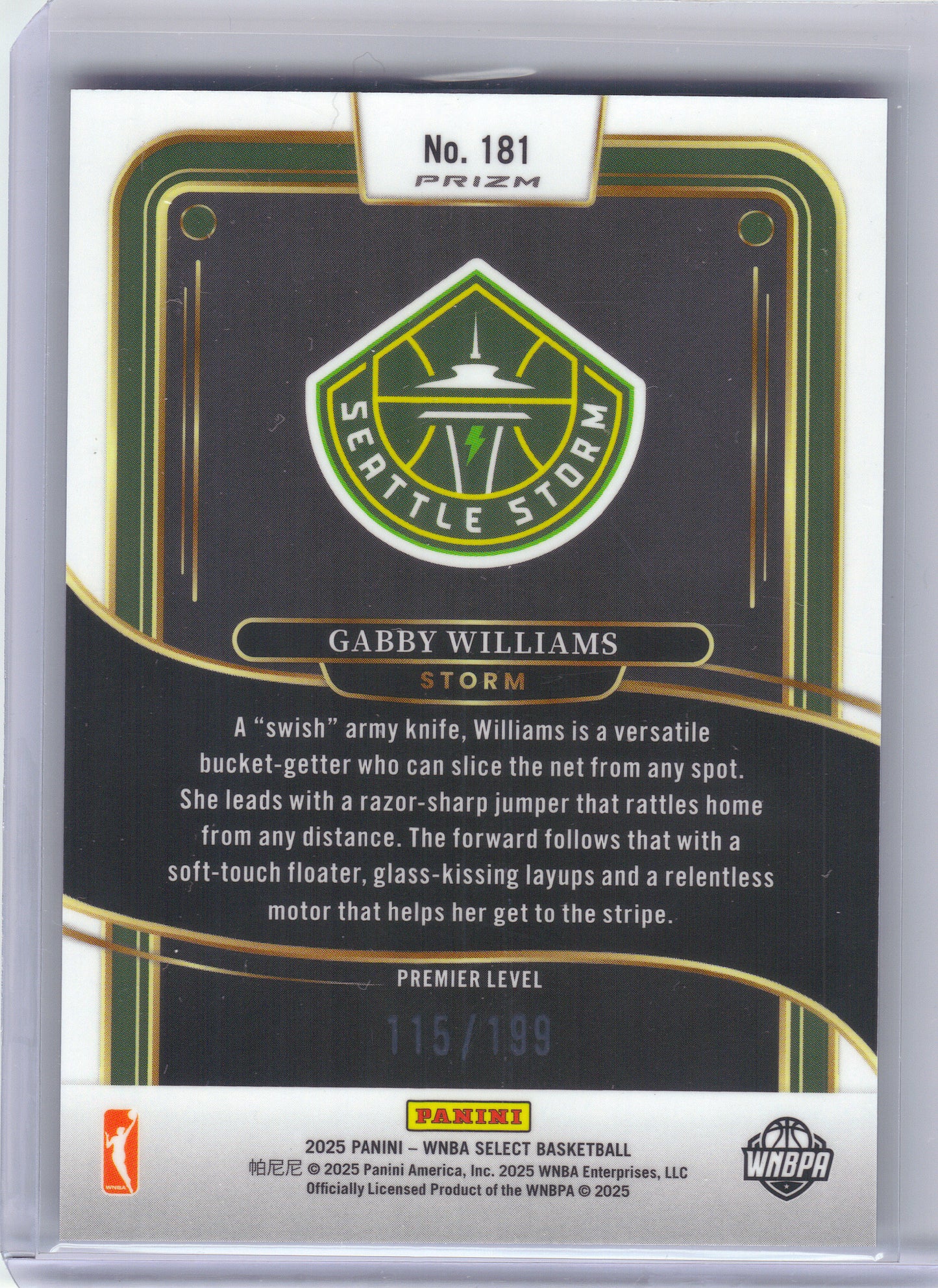 2025 Panini Select WNBA #181 Gabby Williams Blue Scope Prizms #/199 Seattle Storm SN