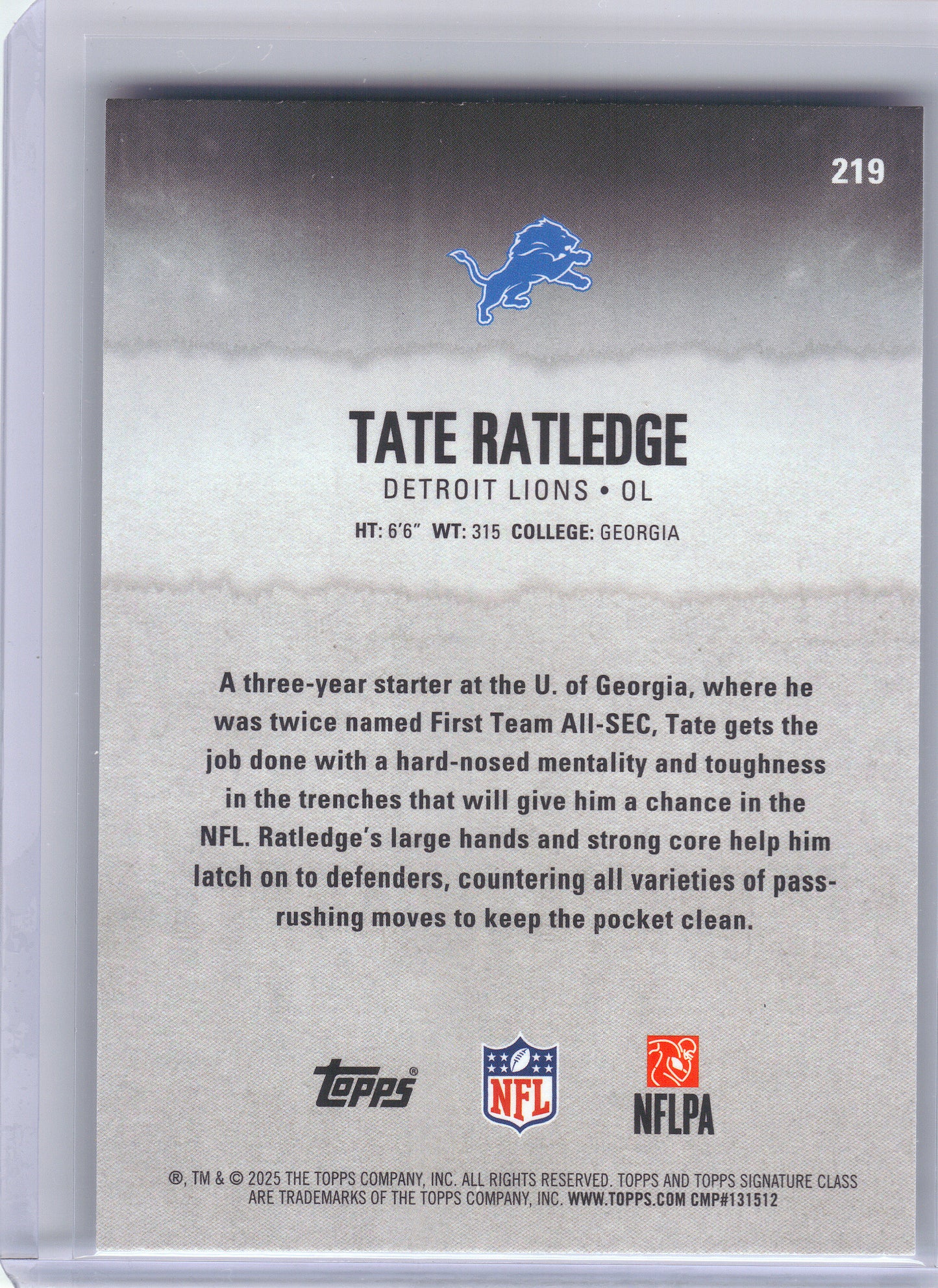 2025 Topps Signature Class #219 Tate Ratledge Detroit Lions Rookie