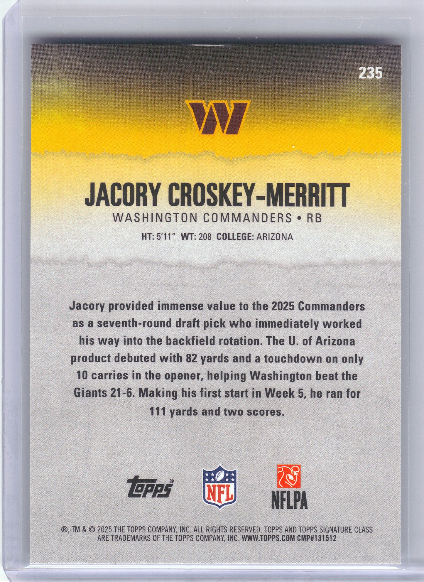 2025 Topps Signature Class #235 Jacory Croskey-Merritt Washington Commanders Rookie