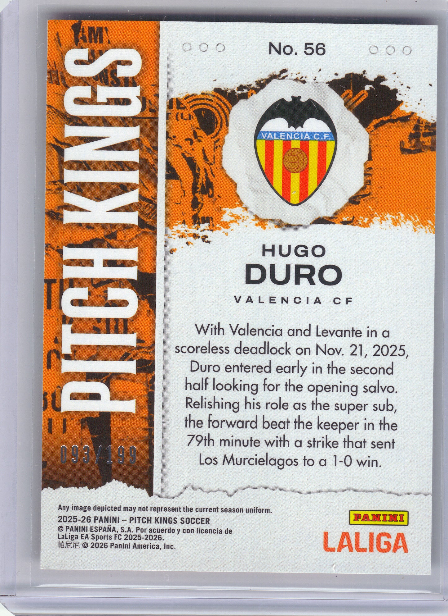 2025-26 Panini Pitch Kings #56 Hugo Duro Ruby #/199 Valencia SN