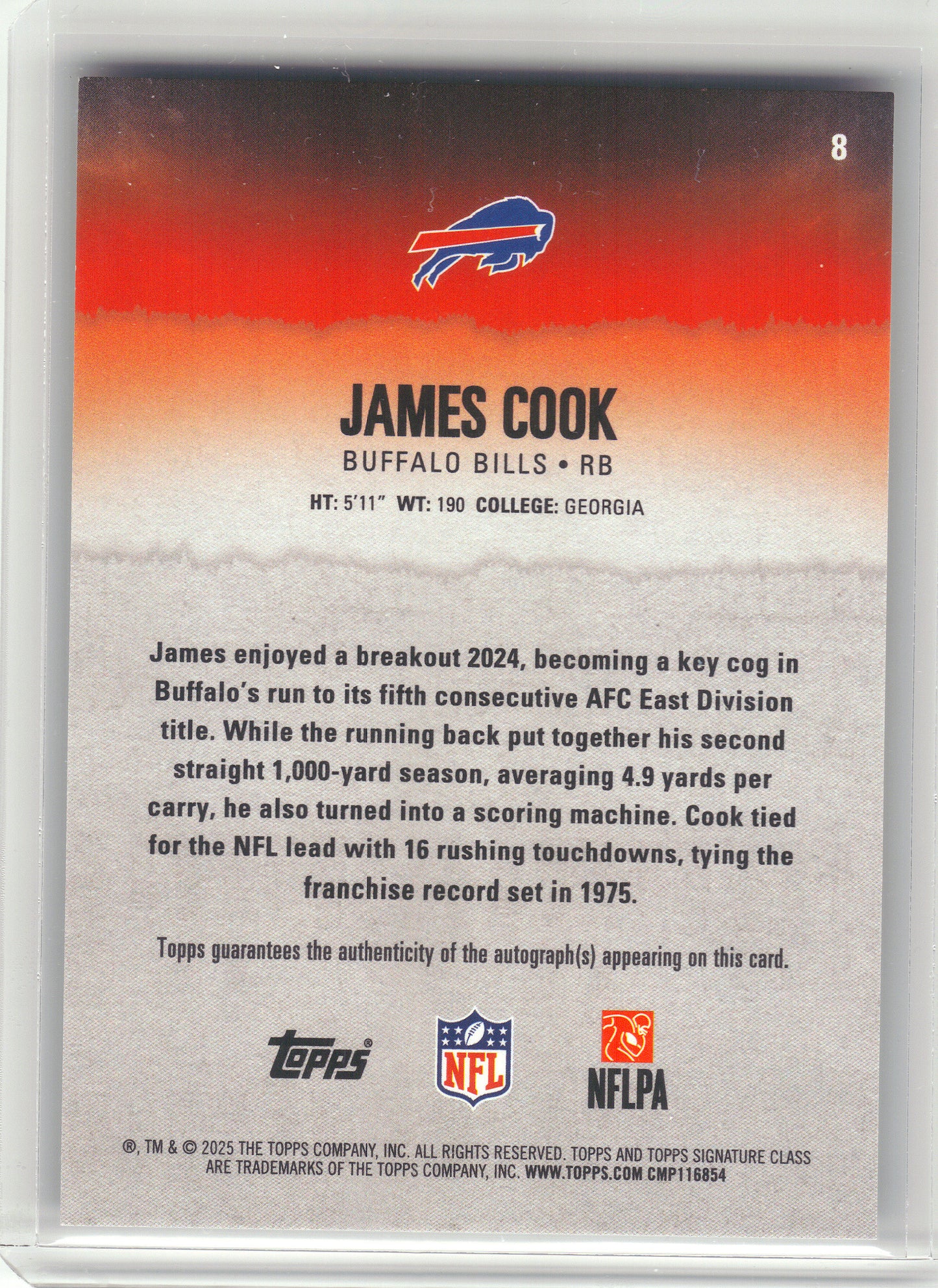 2025 Topps Signature Class #8 James Cook Chrome Autographs Red Lava Refractor #/25 Buffalo Bills SN, Auto