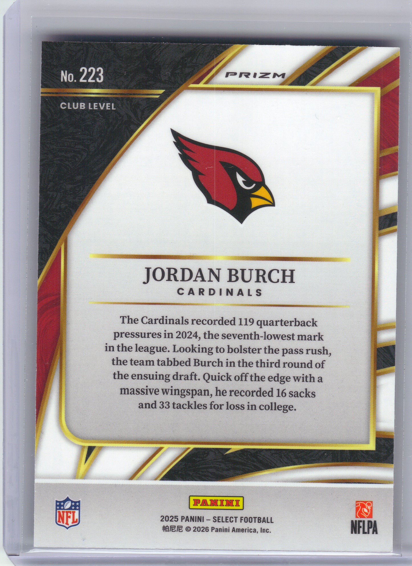 2025 Panini Select #223 Jordan Burch Pink Prizm Shock Arizona Cardinals