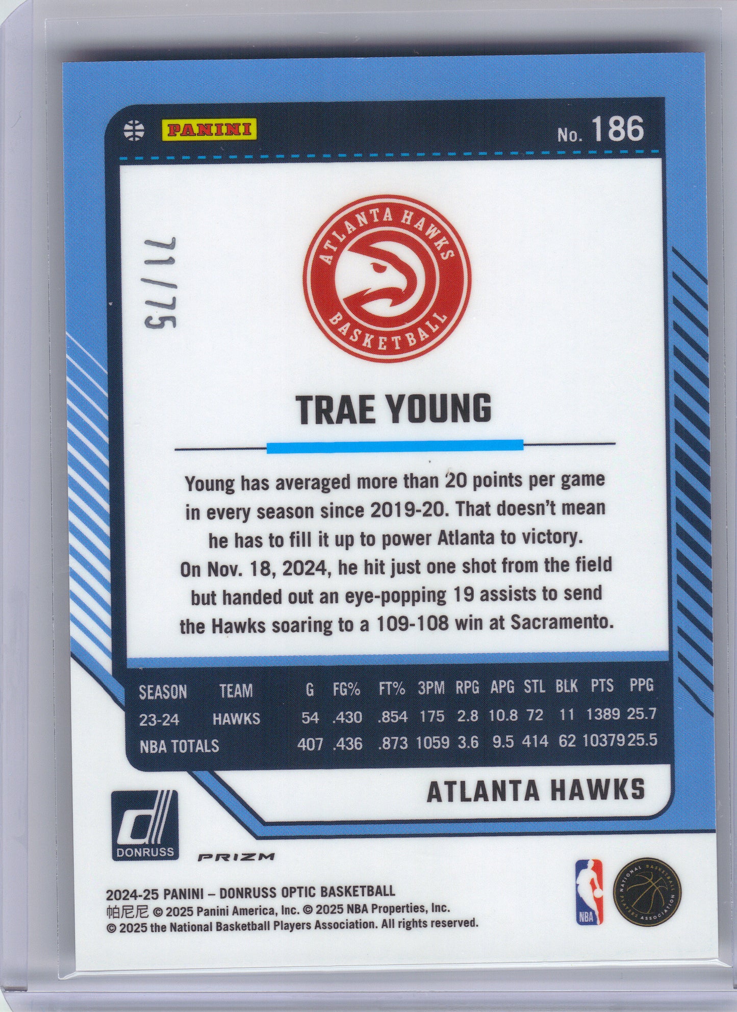 2024-25 Donruss Optic #186 Trae Young Electricity International #/75 Atlanta Hawks SN