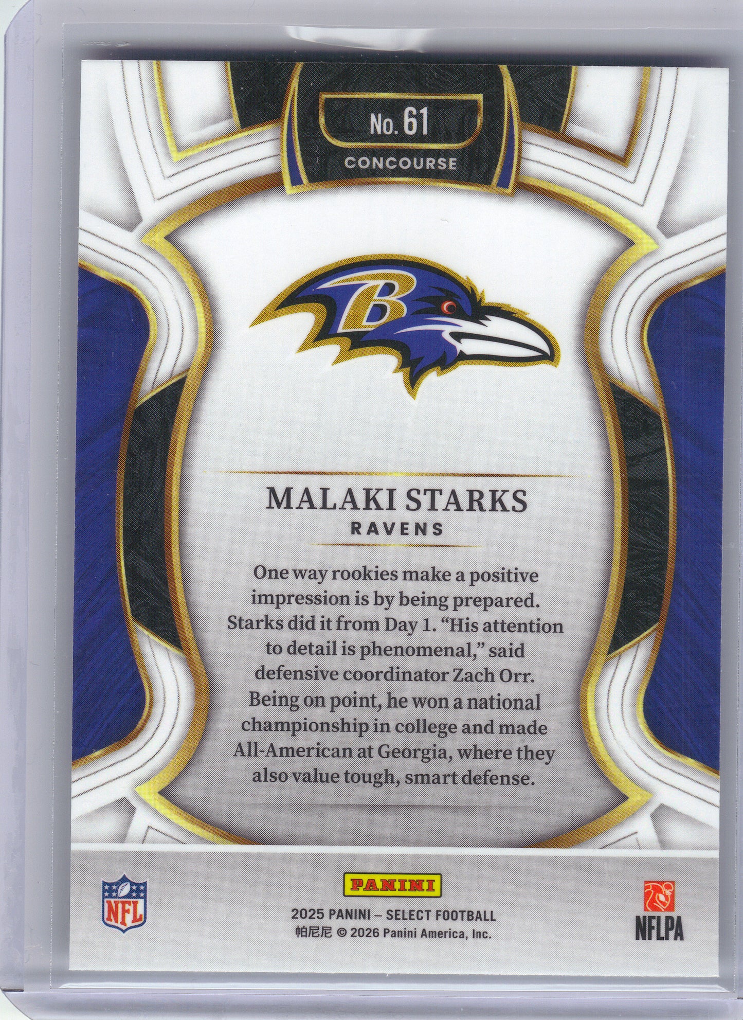 2025 Panini Select #61 Malaki Starks Baltimore Ravens Rookie