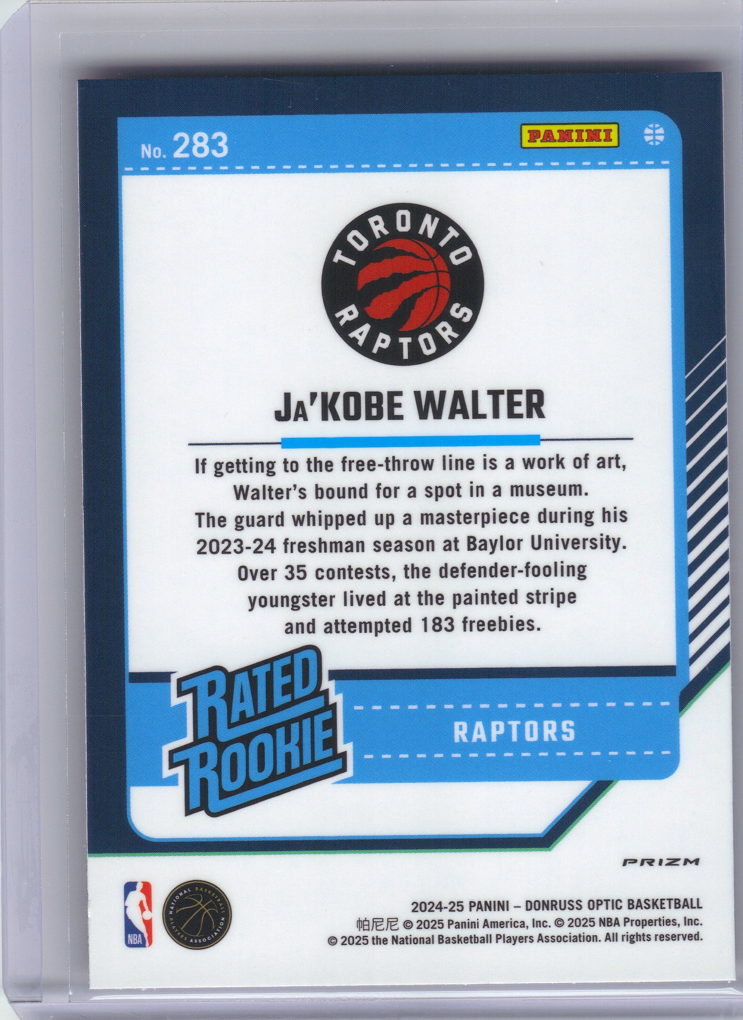 2024-25 Donruss Optic #283 Ja'Kobe Walter Red International Toronto Raptors Rookie