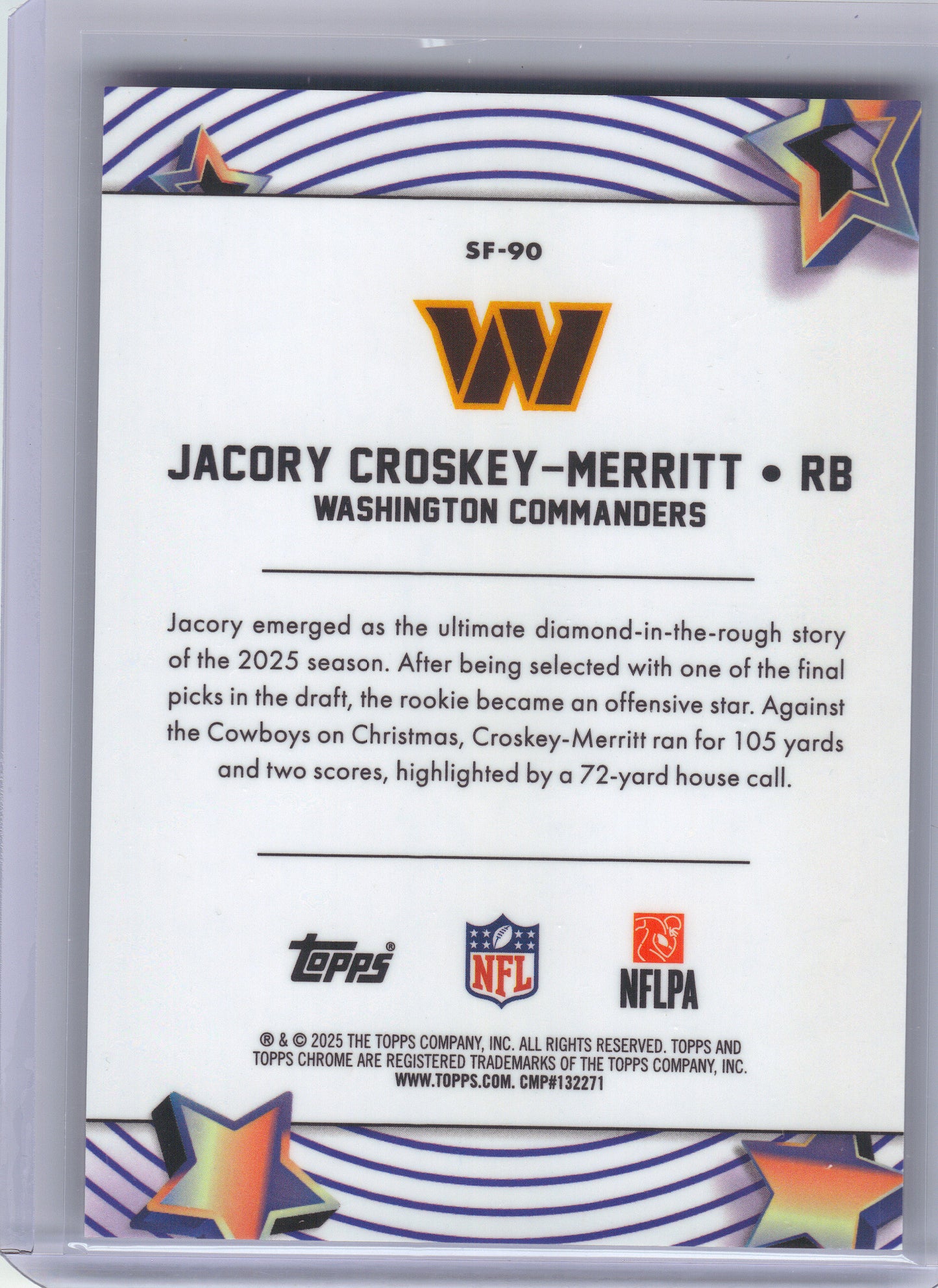 2025 Topps Chrome Cosmic #SF-90 Jacory Croskey-Merritt Starfractor Washington Commanders