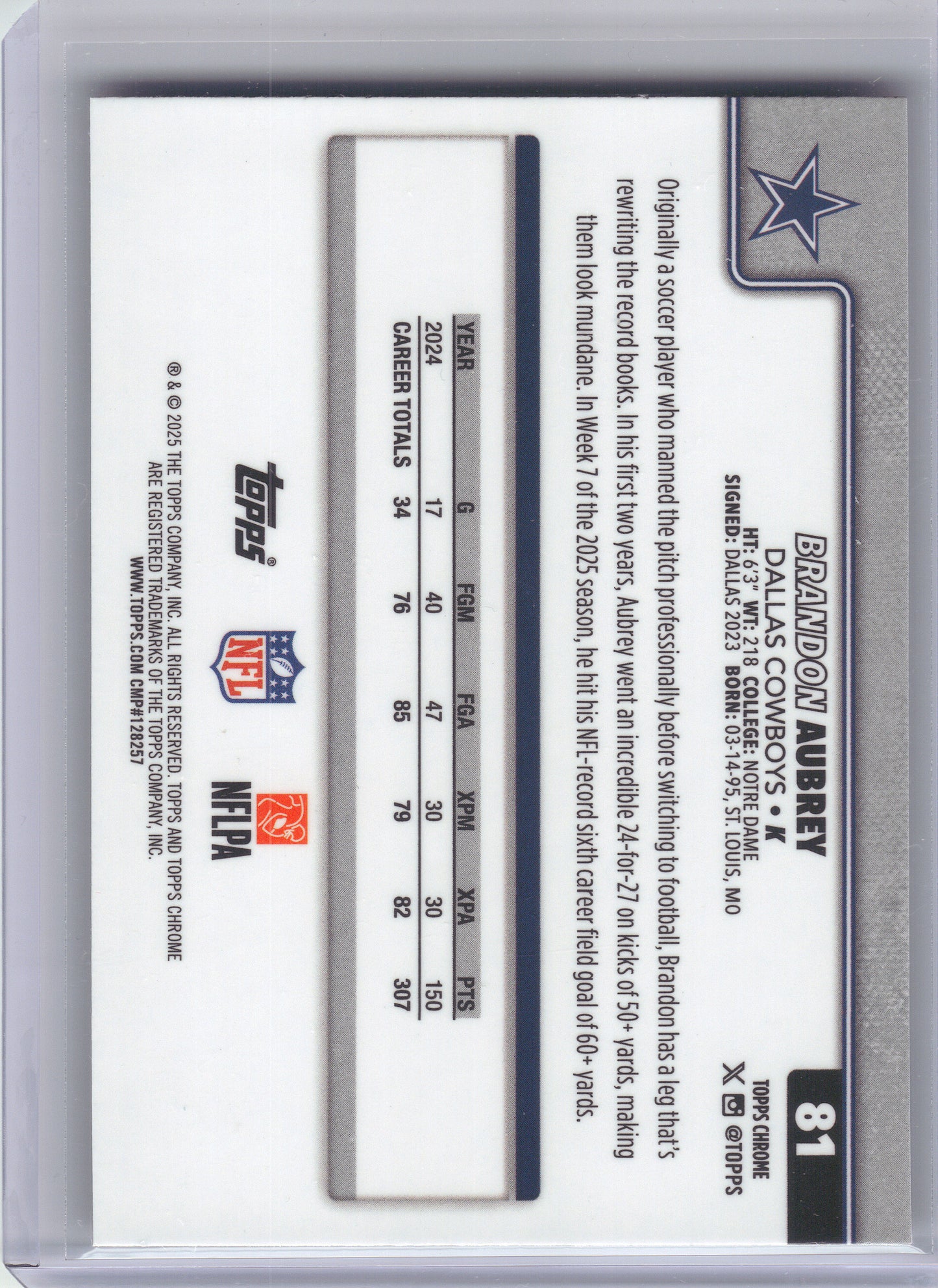 2025 Topps Chrome #81 Brandon Aubrey Football Leather Refractor Dallas Cowboys