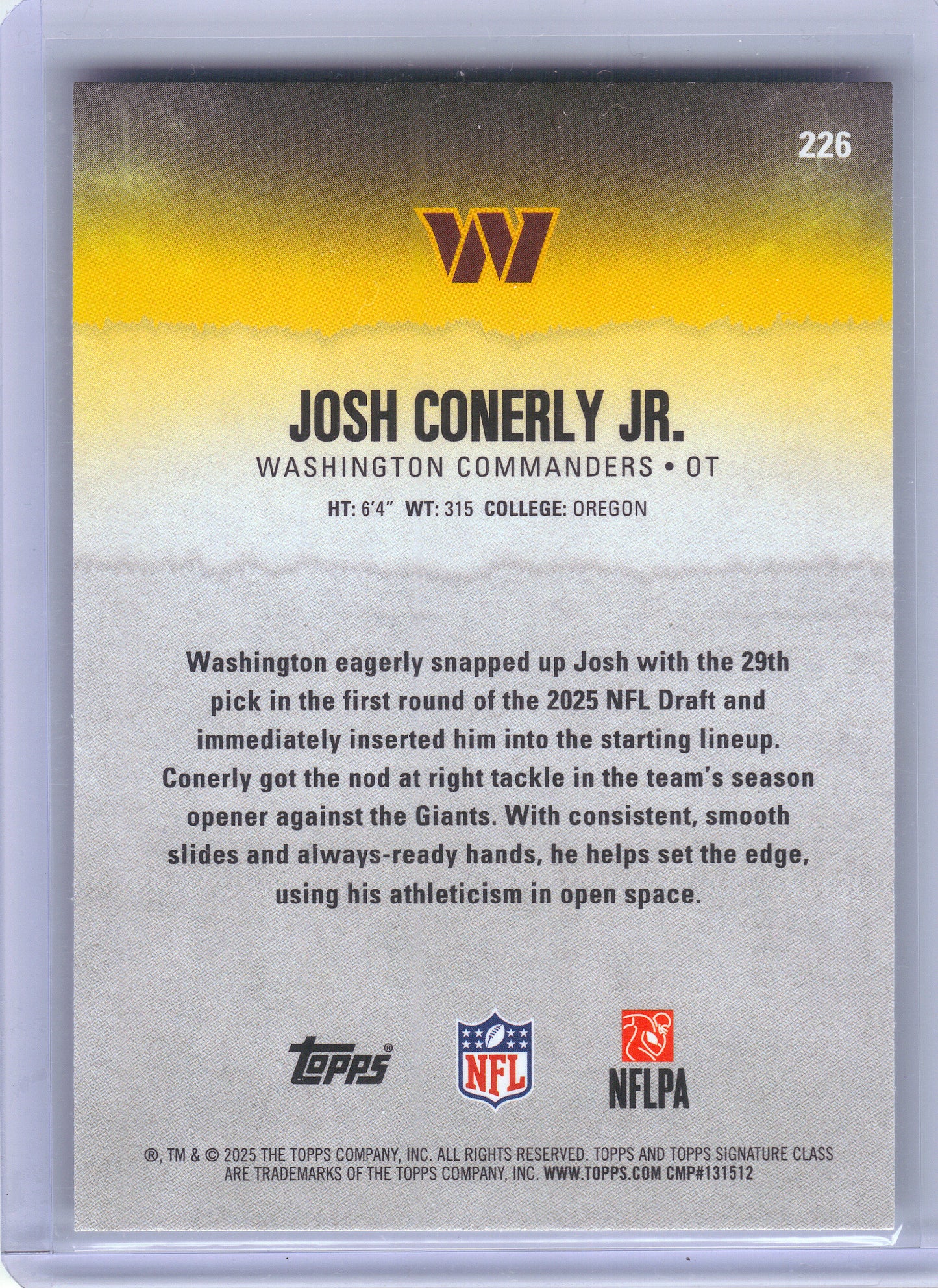 2025 Topps Signature Class #226 Josh Conerly Jr. Washington Commanders Rookie