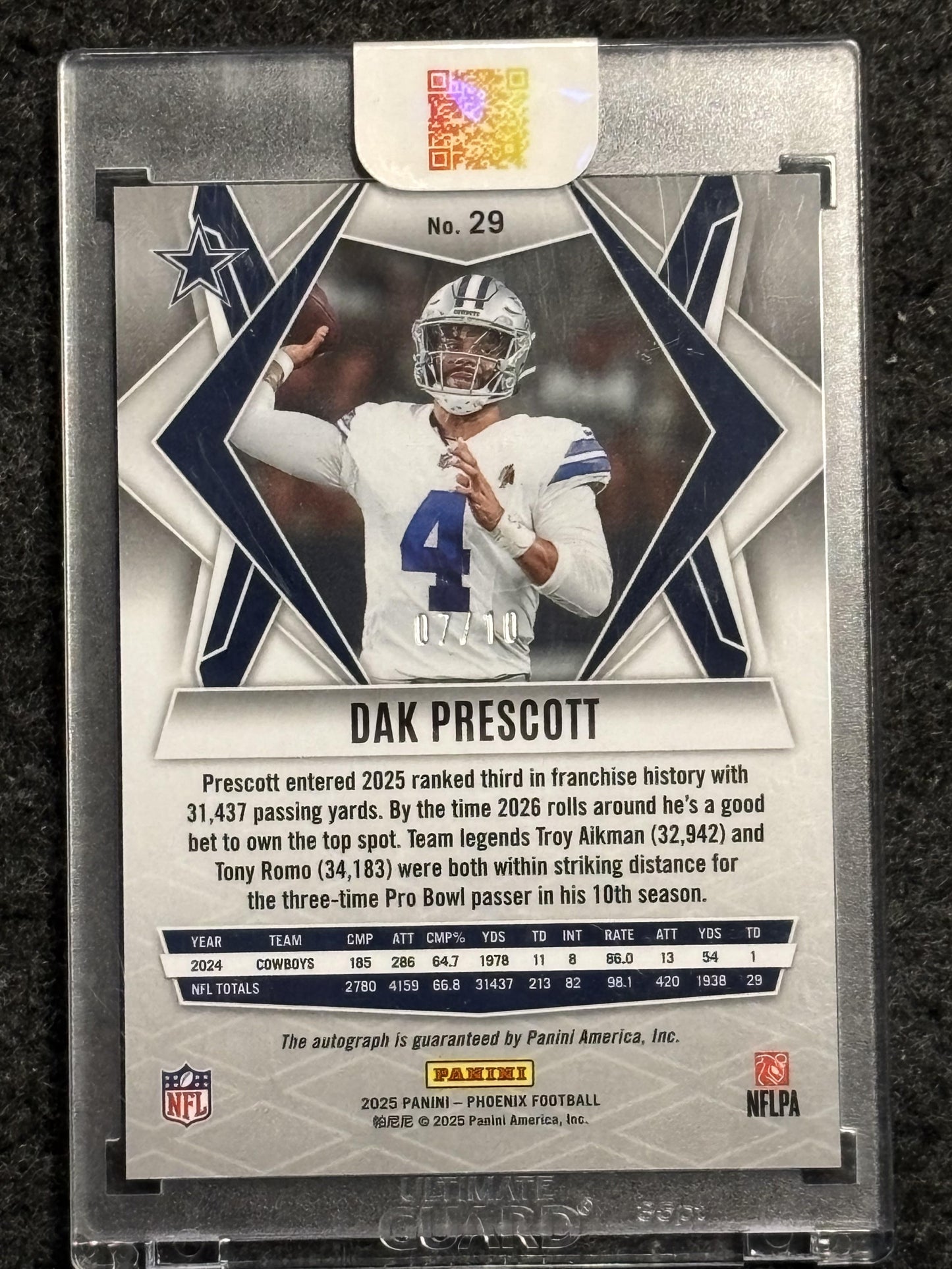 2025 Panini Phoenix #29 Dak Prescott Base Autographs Gold Prizm #/10 Dallas Cowboys SN, Auto