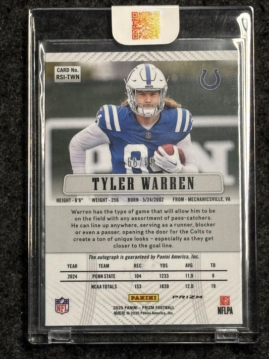 2025 Panini Prizm #RWI-TWN Tyler Warren Retro 2012 Signatures Blue Ice #/99 Indianapolis Colts SN, Auto