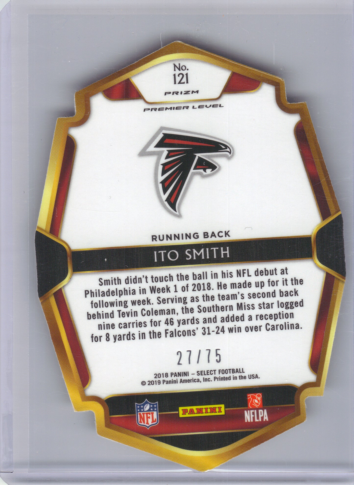 2018 Panini Select #121 Ito Smith Purple Prizm Die Cut #/75 Atlanta Falcons SN