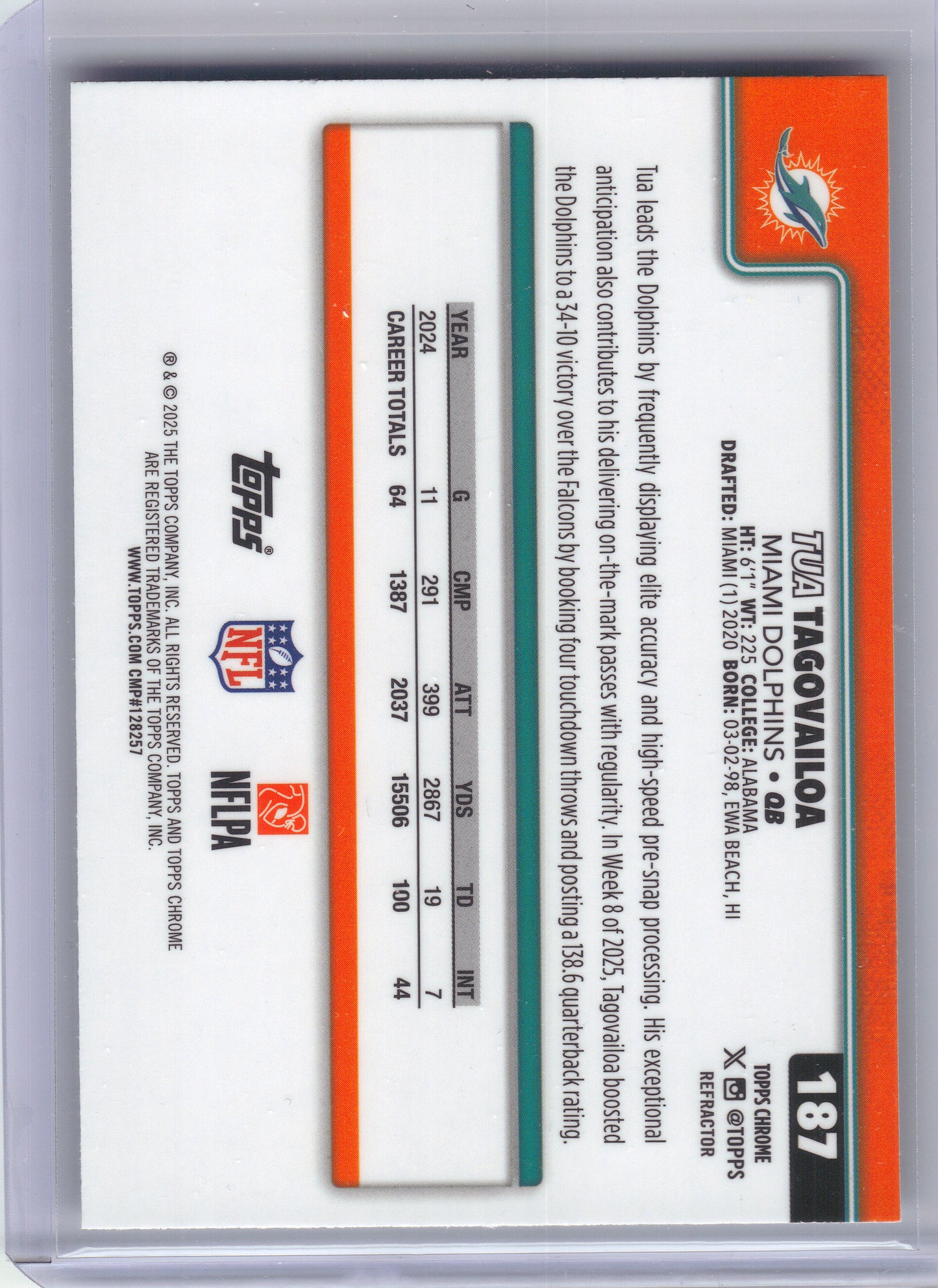 2025 Topps Chrome #187 Tua Tagovailoa Refractor Miami Dolphins
