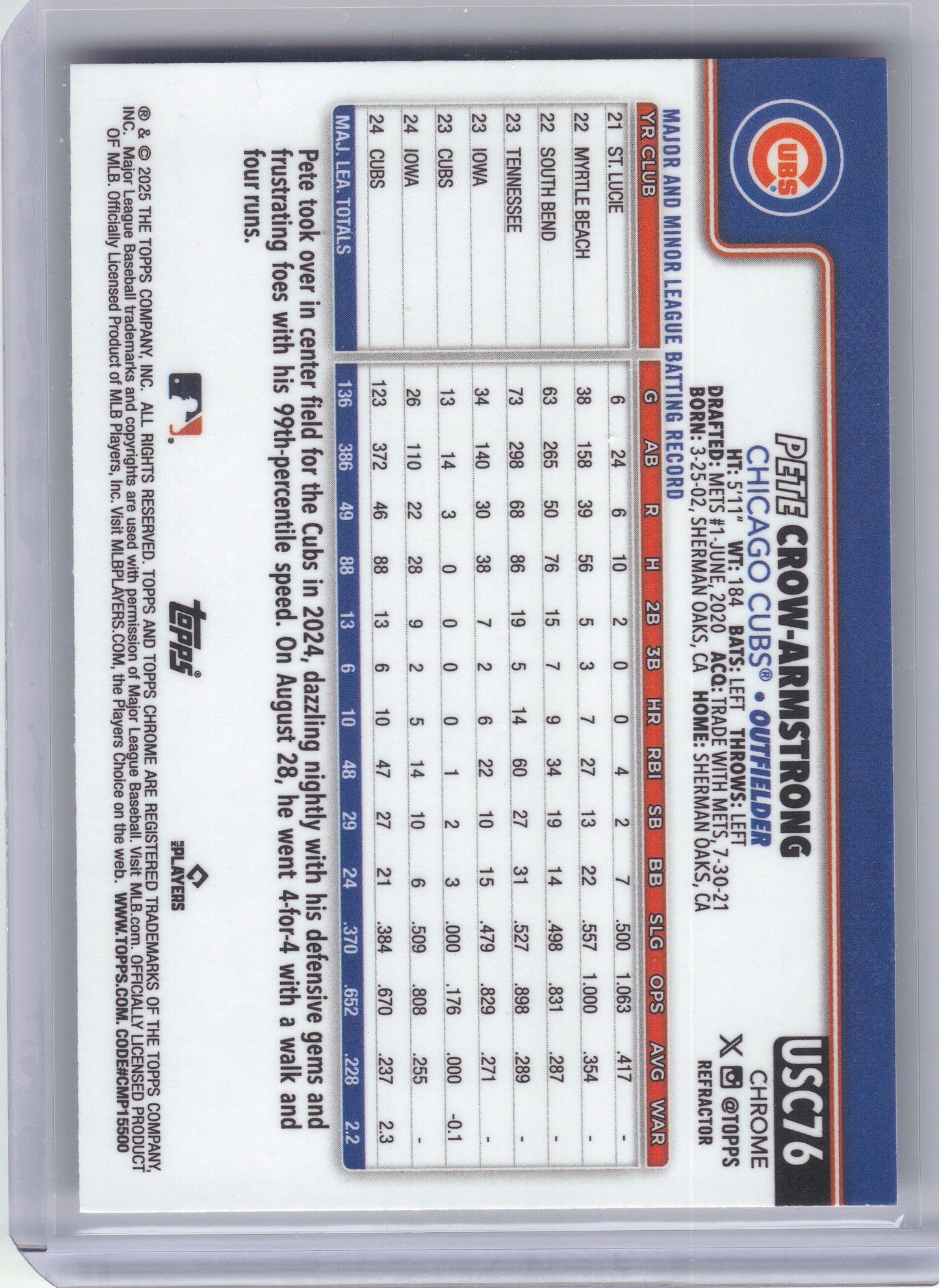 2025 Topps Chrome Update #USC76 Pete Crow-Armstrong Refractors Chicago Cubs