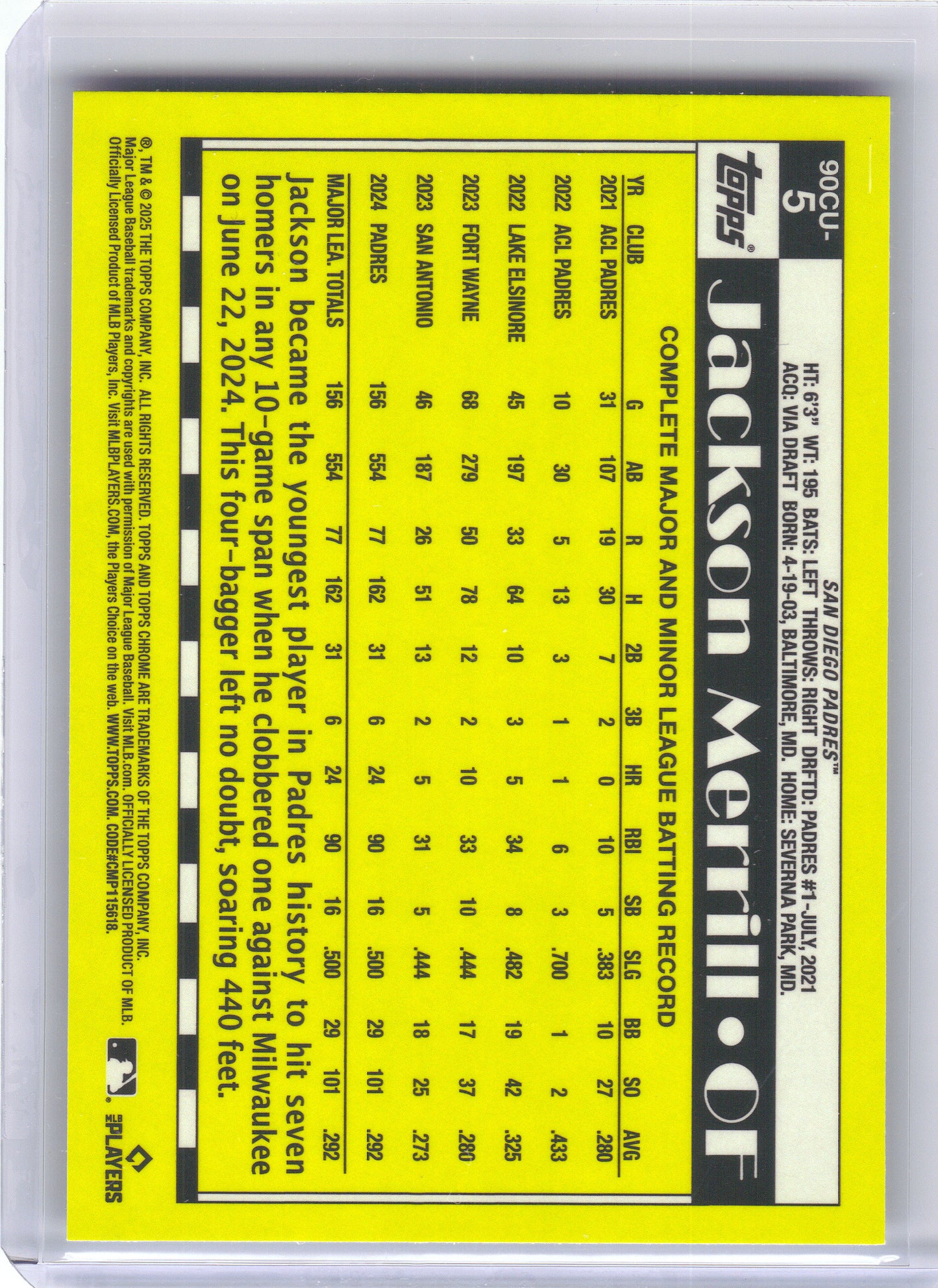 2025 Topps Chrome Update #90CU-5 Jackson Merrill 1990 Topps Chrome San Diego Padres