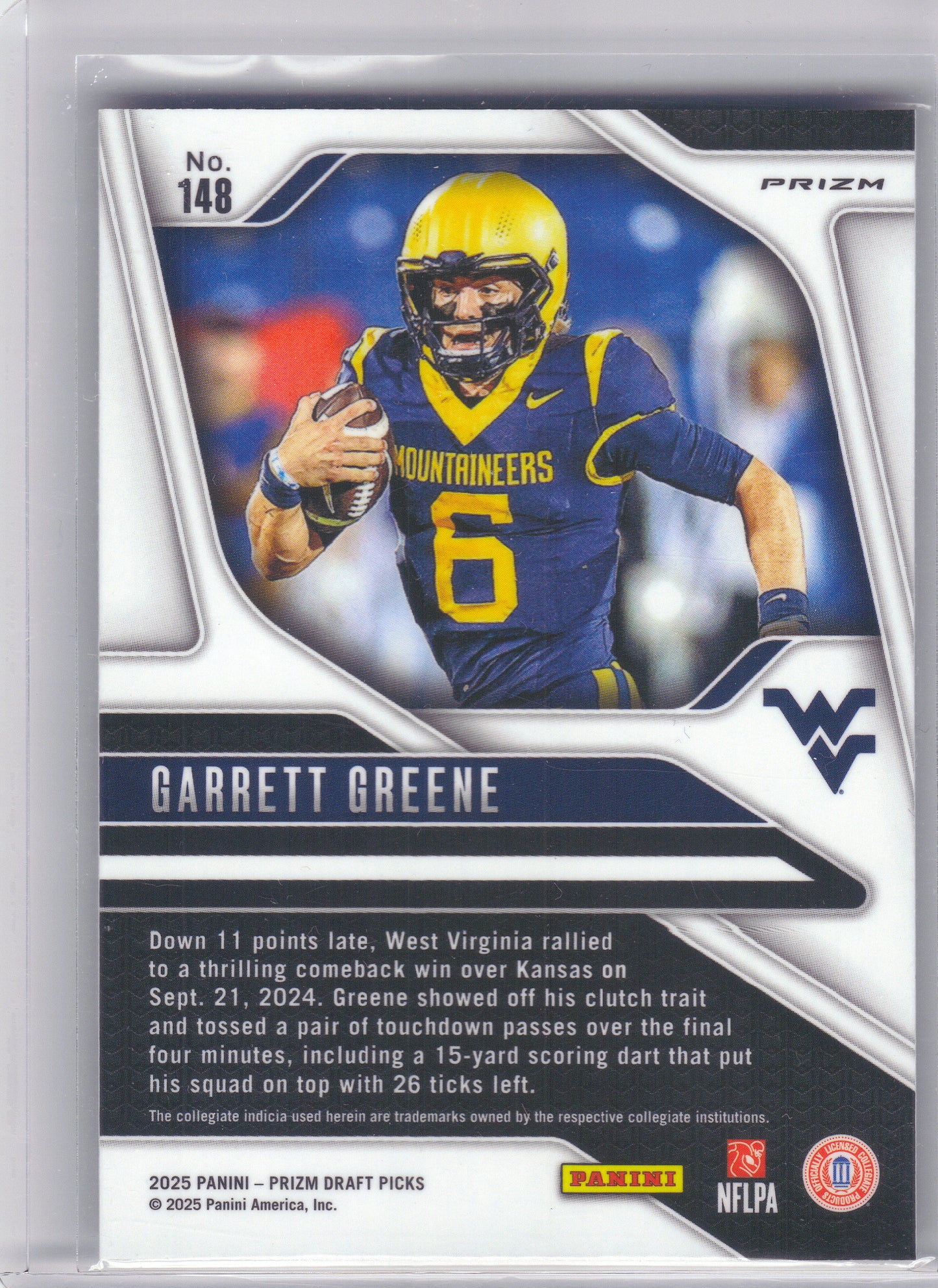2025 Panini Prizm Draft Picks #148 Garrett Greene Prizms White Sparkle West Virginia Mountaineers