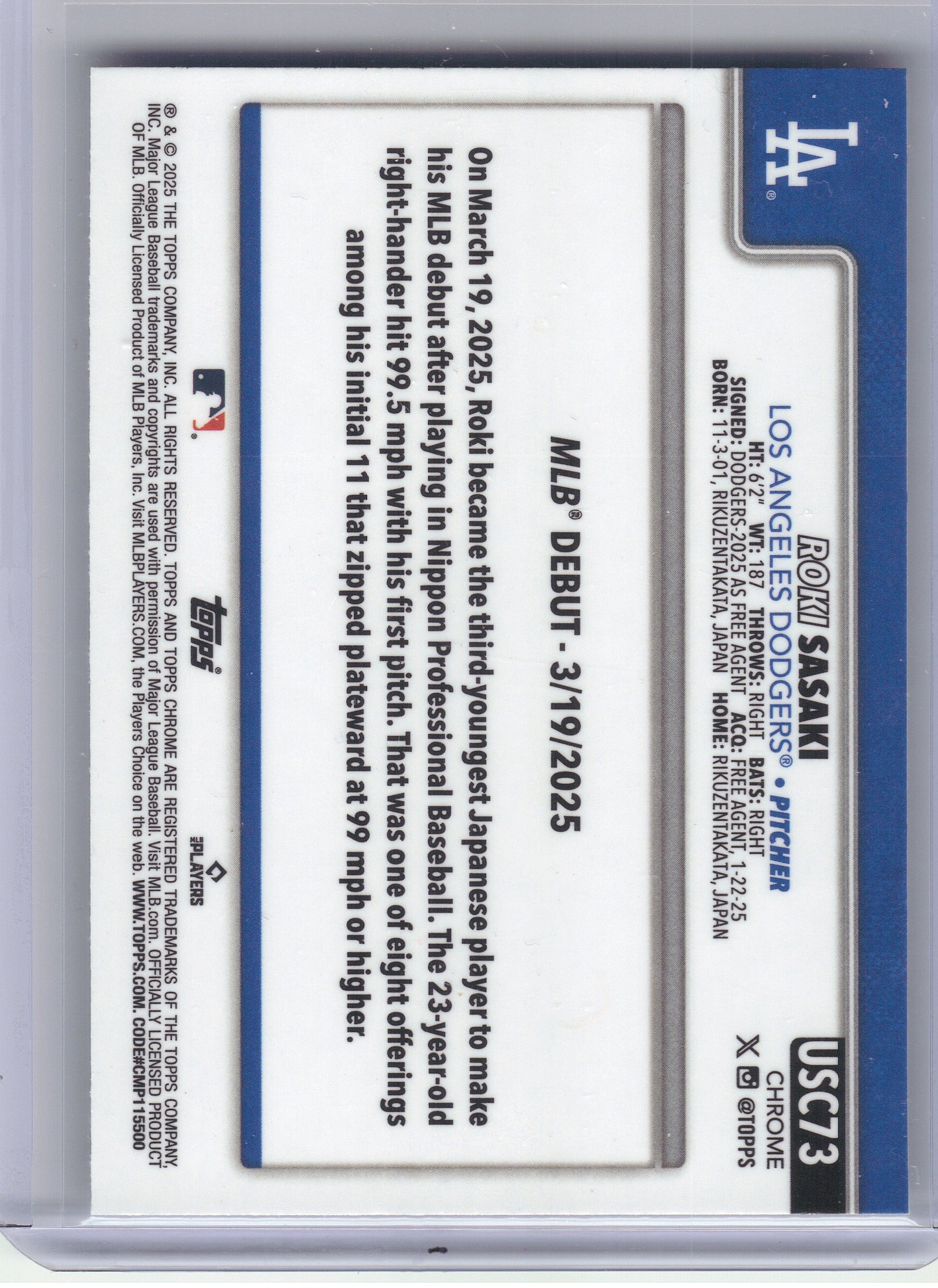 2025 Topps Chrome Update #USC73 Roki Sasaki X-Fractors Los Angeles Dodgers