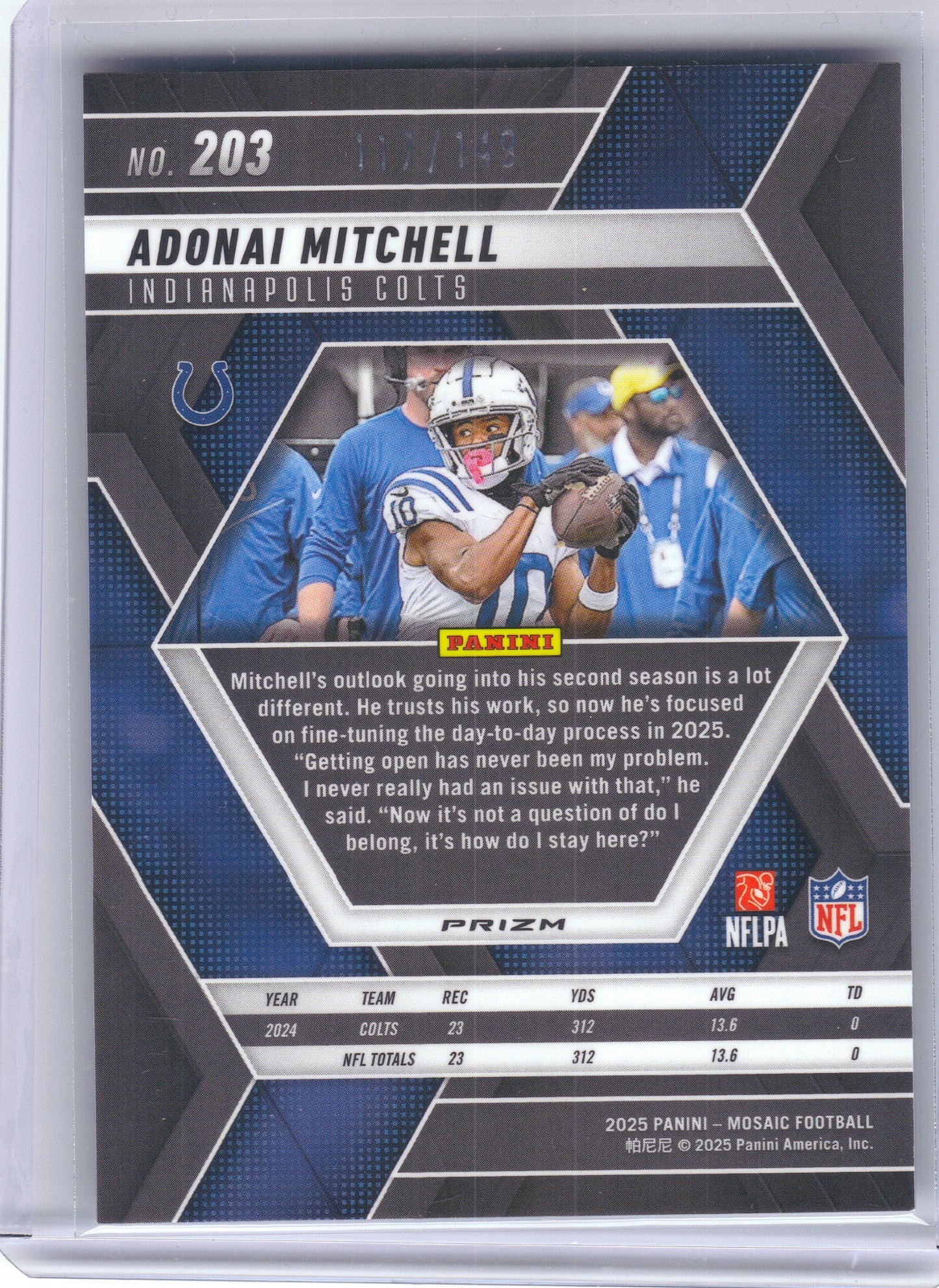 2025 Panini Mosaic #203 Adonai Mitchell Silver Knight #/149 Indianapolis Colts SN