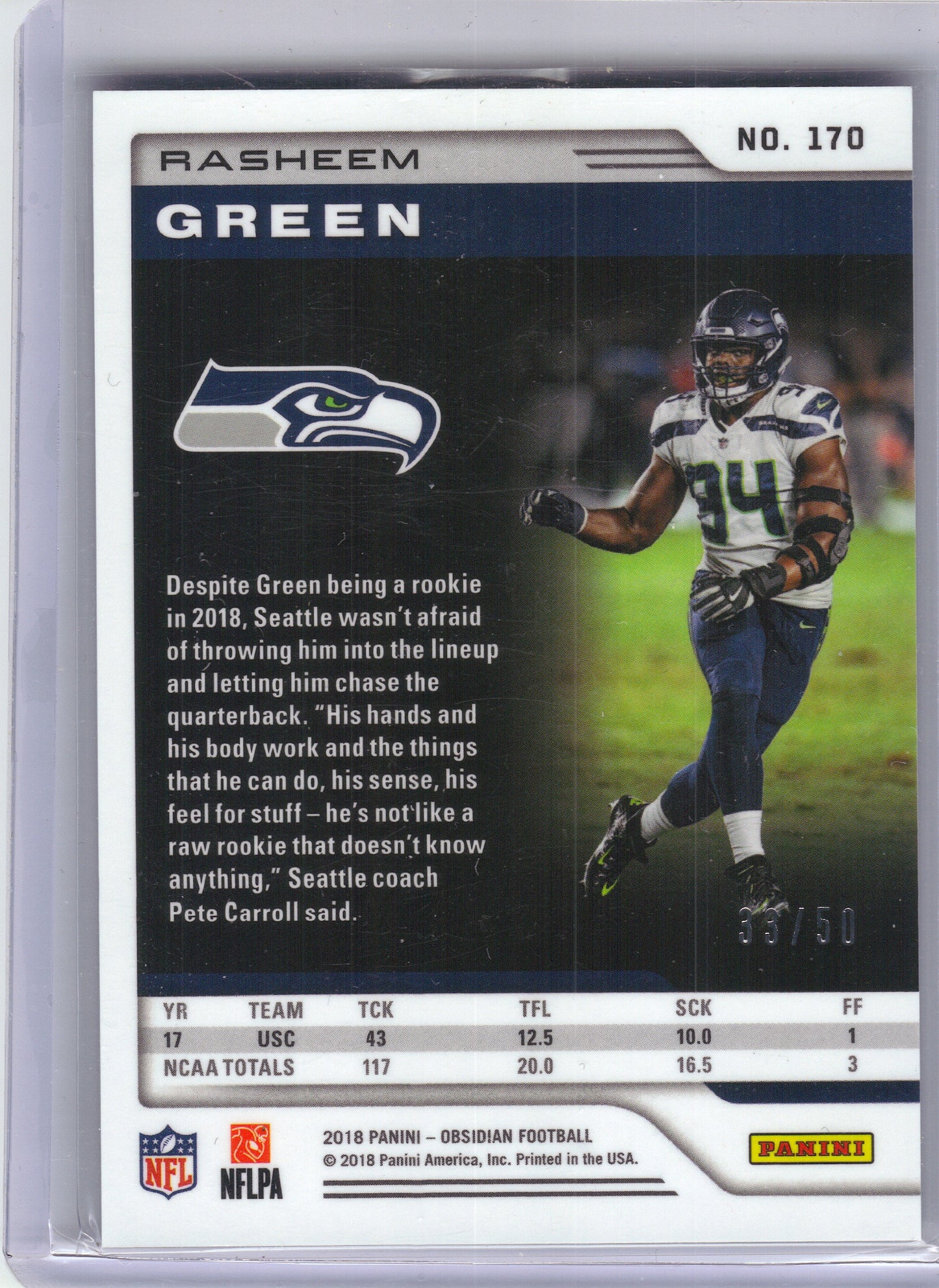 2018 Panini Obsidian #170 Rasheem Green Electric Etch Orange #/50 Seattle Seahawks SN, Rookie