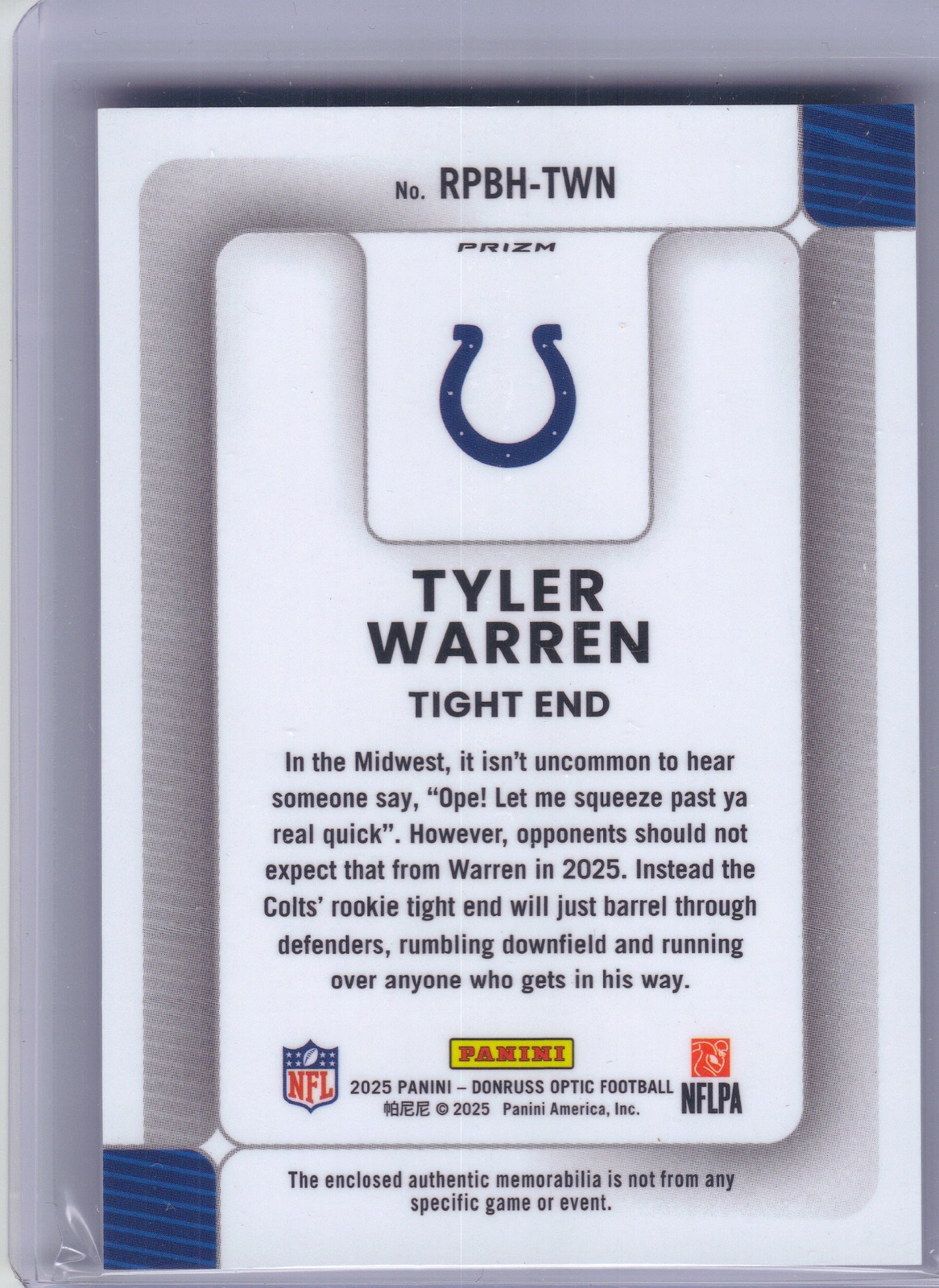 2025 Donruss Optic #RPBH-TWN Tyler Warren Rookie Phenoms Blue Hyper Indianapolis Colts Memorabilia