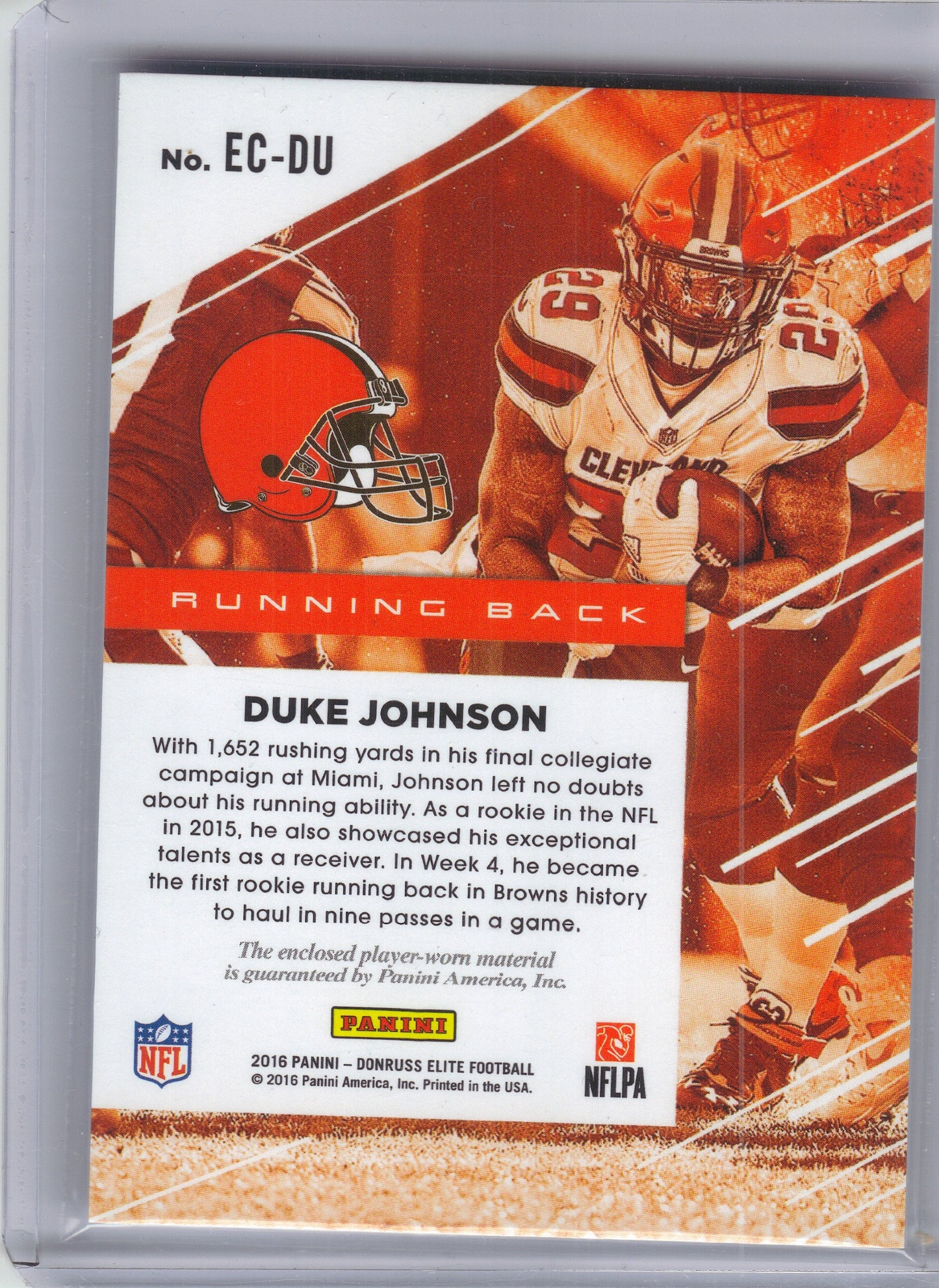 2016 Donruss Elite #EC-DU Duke Johnson Elite Coverage Cleveland Browns Memorabilia