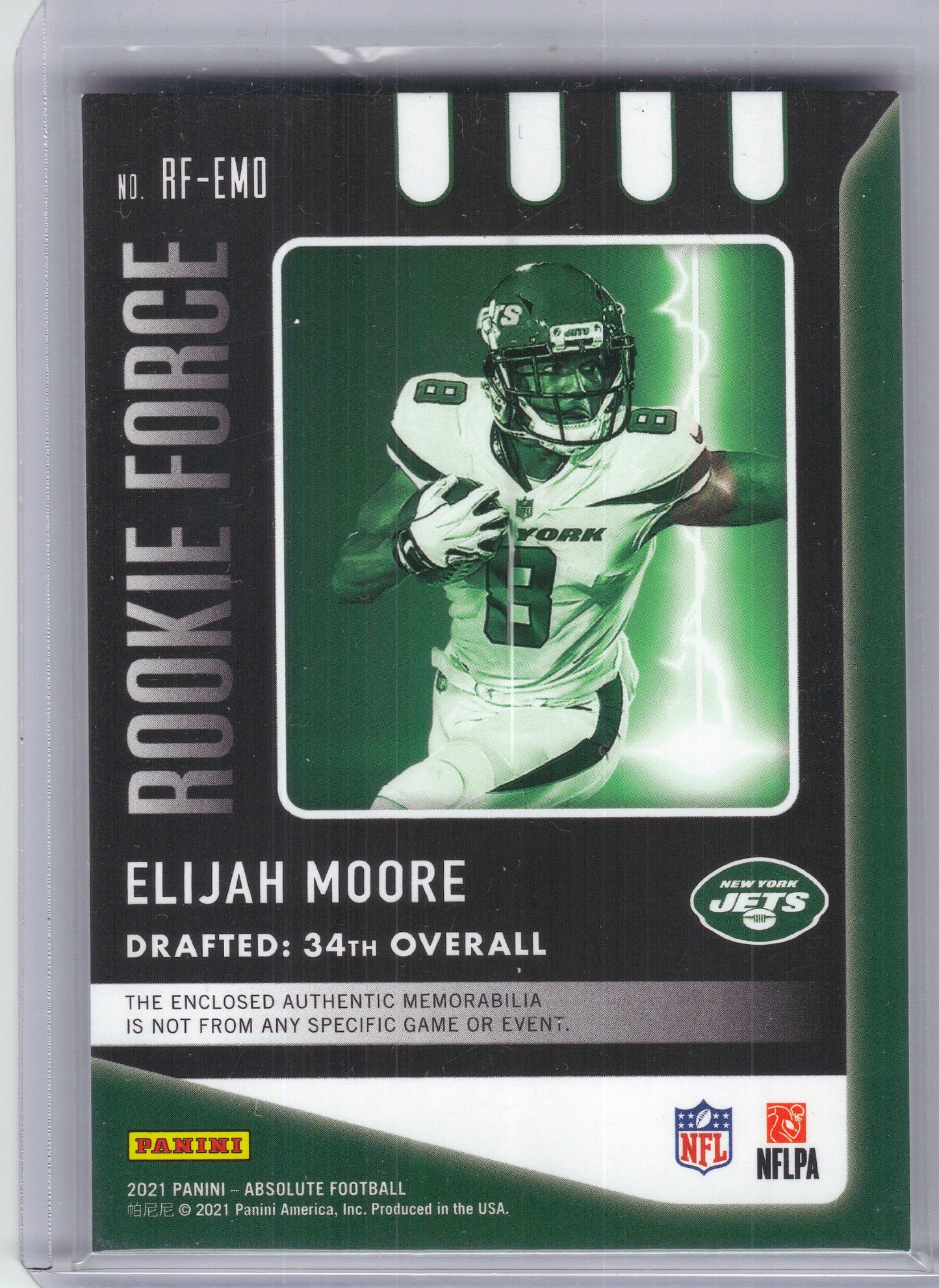 2021 Panini Absolute #RF-EMO Elijah Moore Rookie Force New York Jets Memorabilia