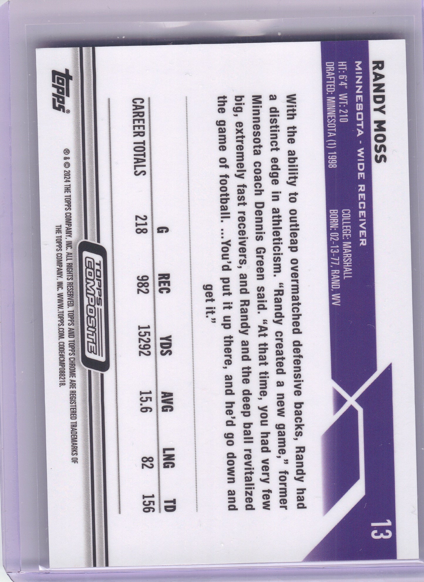 2023 Topps Composite #13 Randy Moss Topps Chrome Purple Refractor #/275 Minnesota Vikings SN