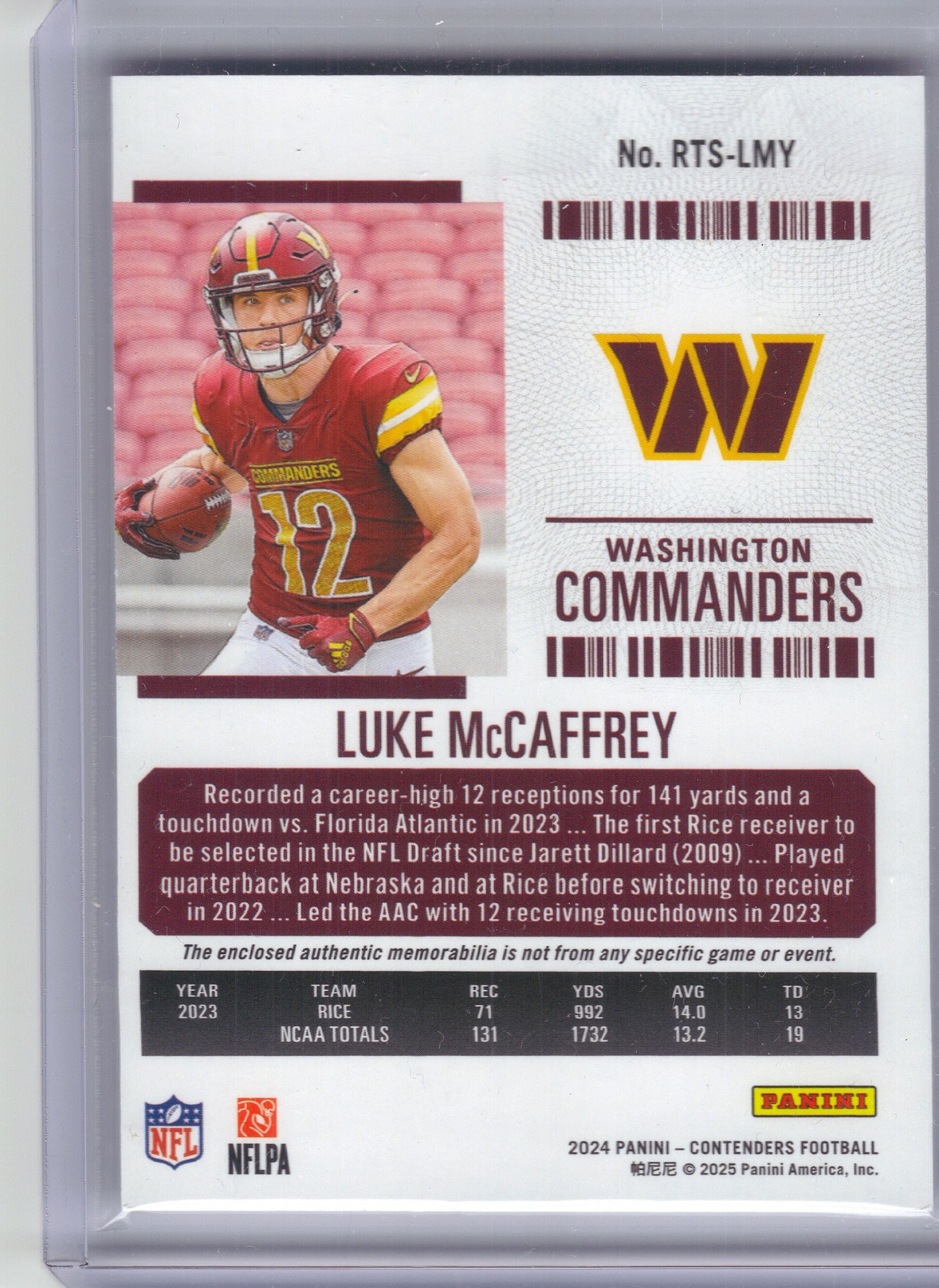 2024 Panini Contenders #RTS-LMY Luke McCaffrey Rookie Ticket Swatches Washington Commanders Memorabilia
