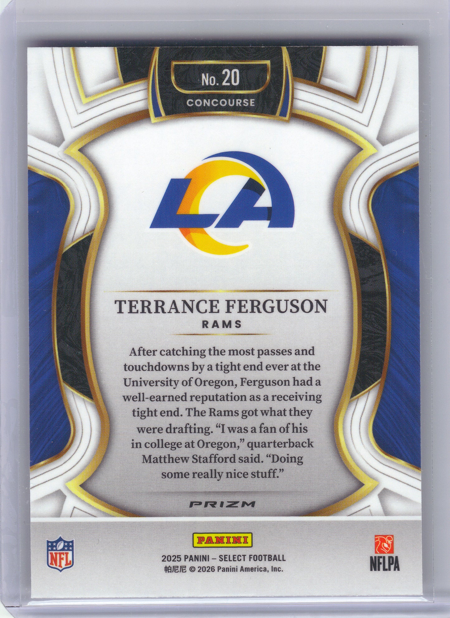 2025 Panini Select #20 Terrance Ferguson Pink Prizm Shock Los Angeles Rams Rookie