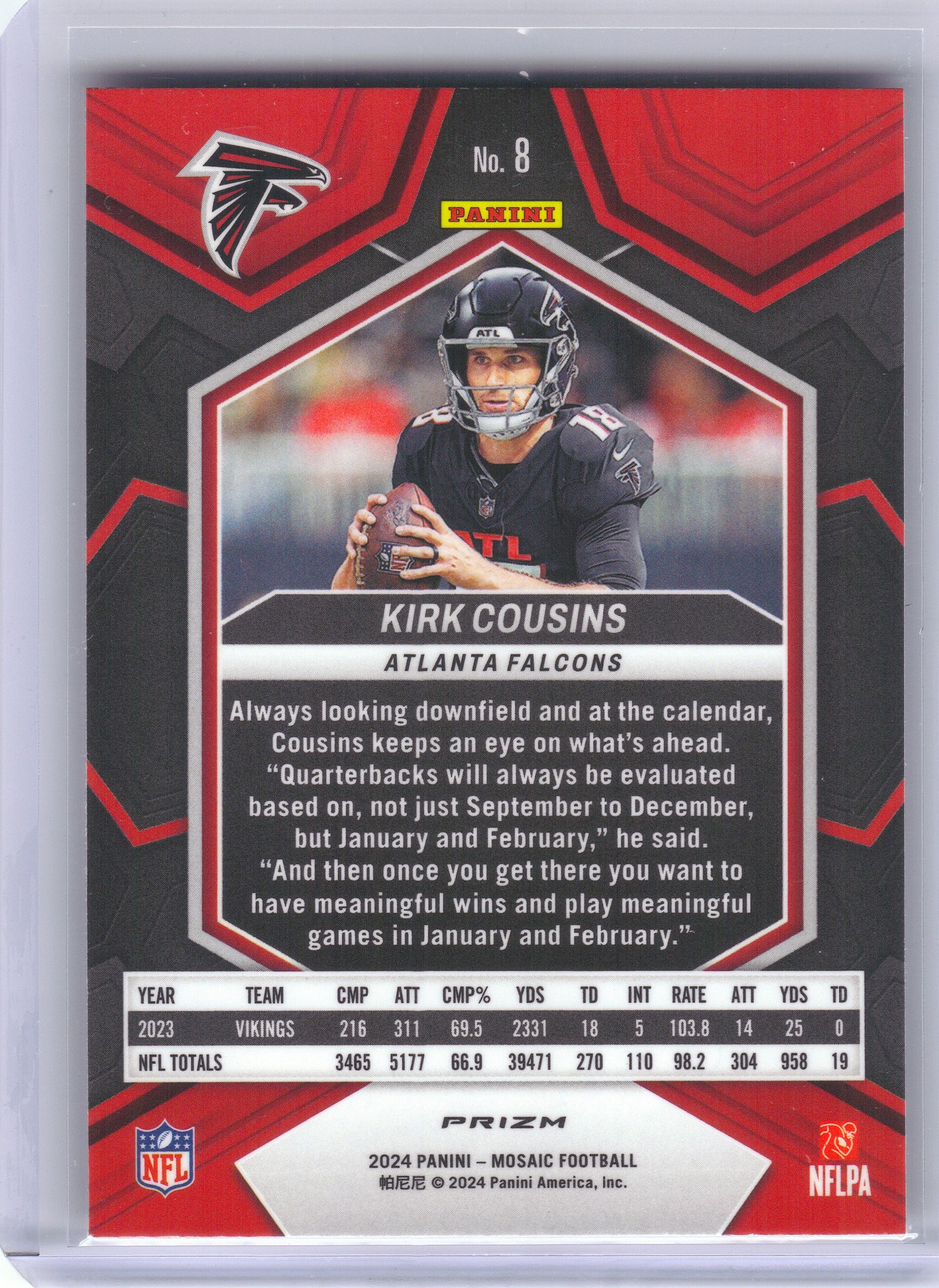 2024 Panini Mosaic #8 Kirk Cousins Mosaic Camo Pink Atlanta Falcons