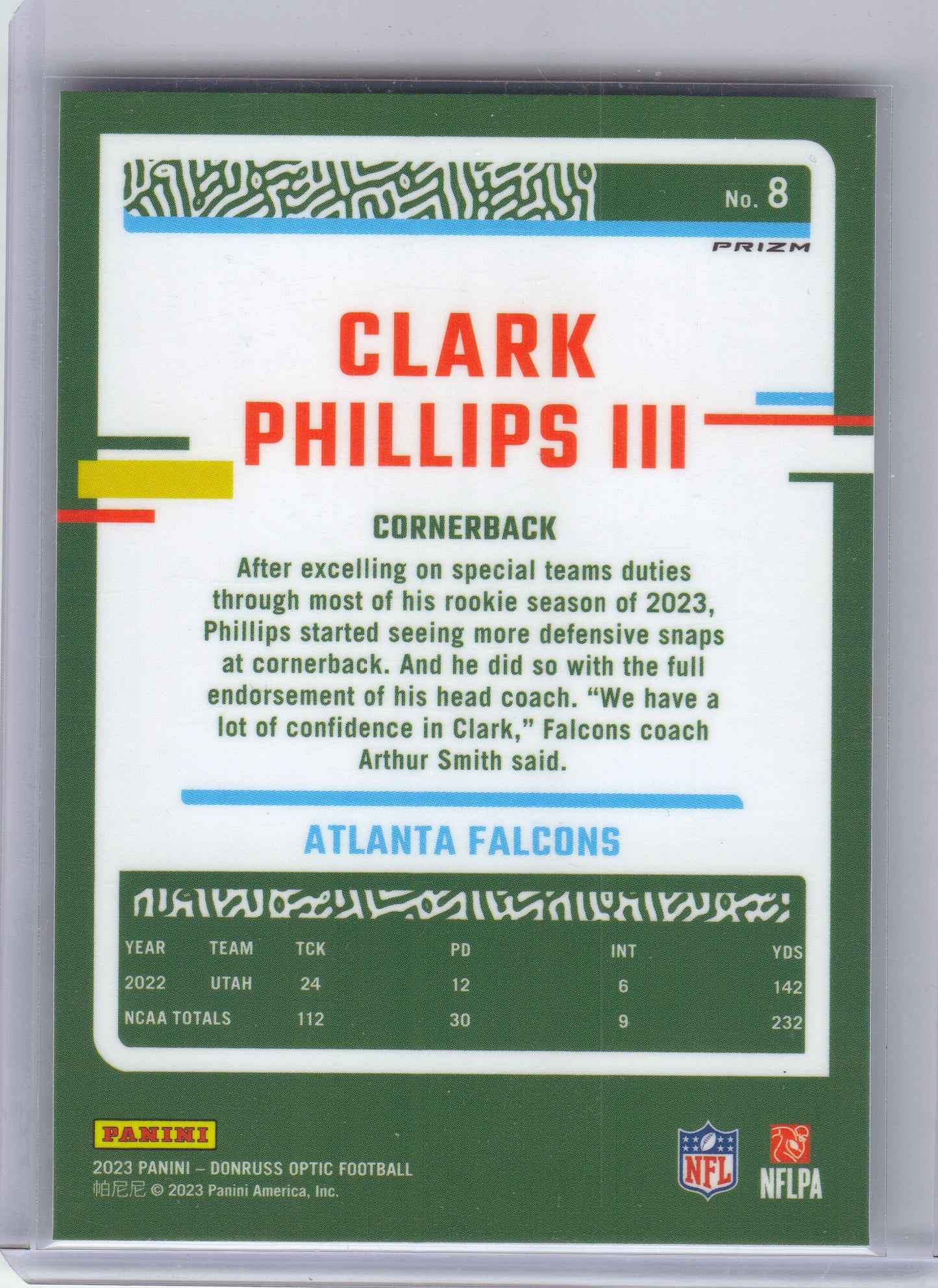 2023 Donruss Optic #8 Clark Phillips III Holo Atlanta Falcons