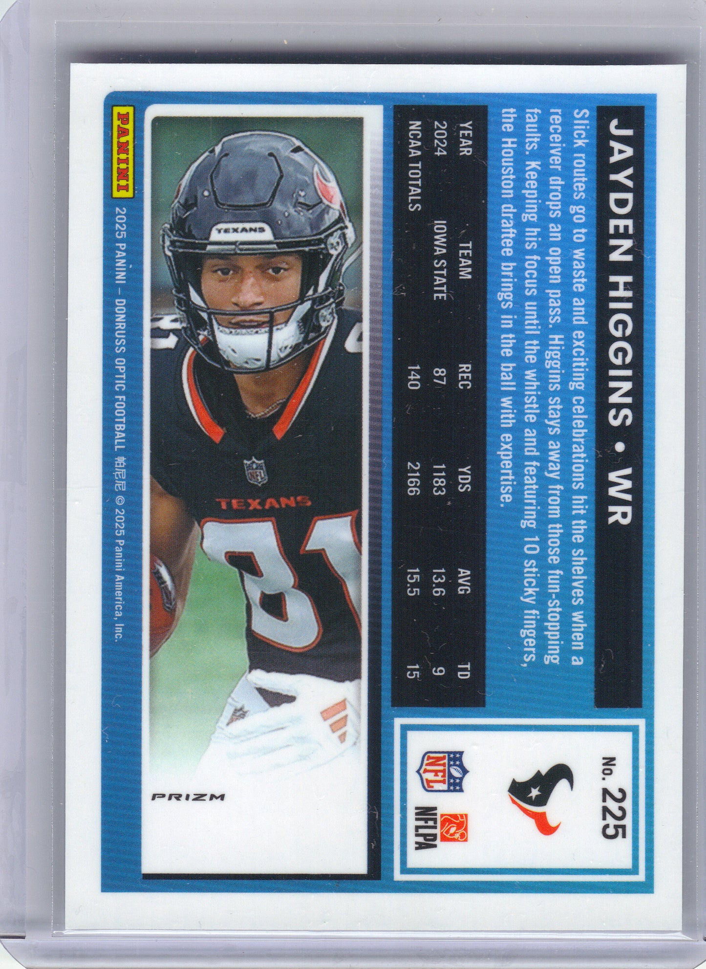 2025 Donruss Optic #225 Jayden Higgins Holo Houston Texans Rookie