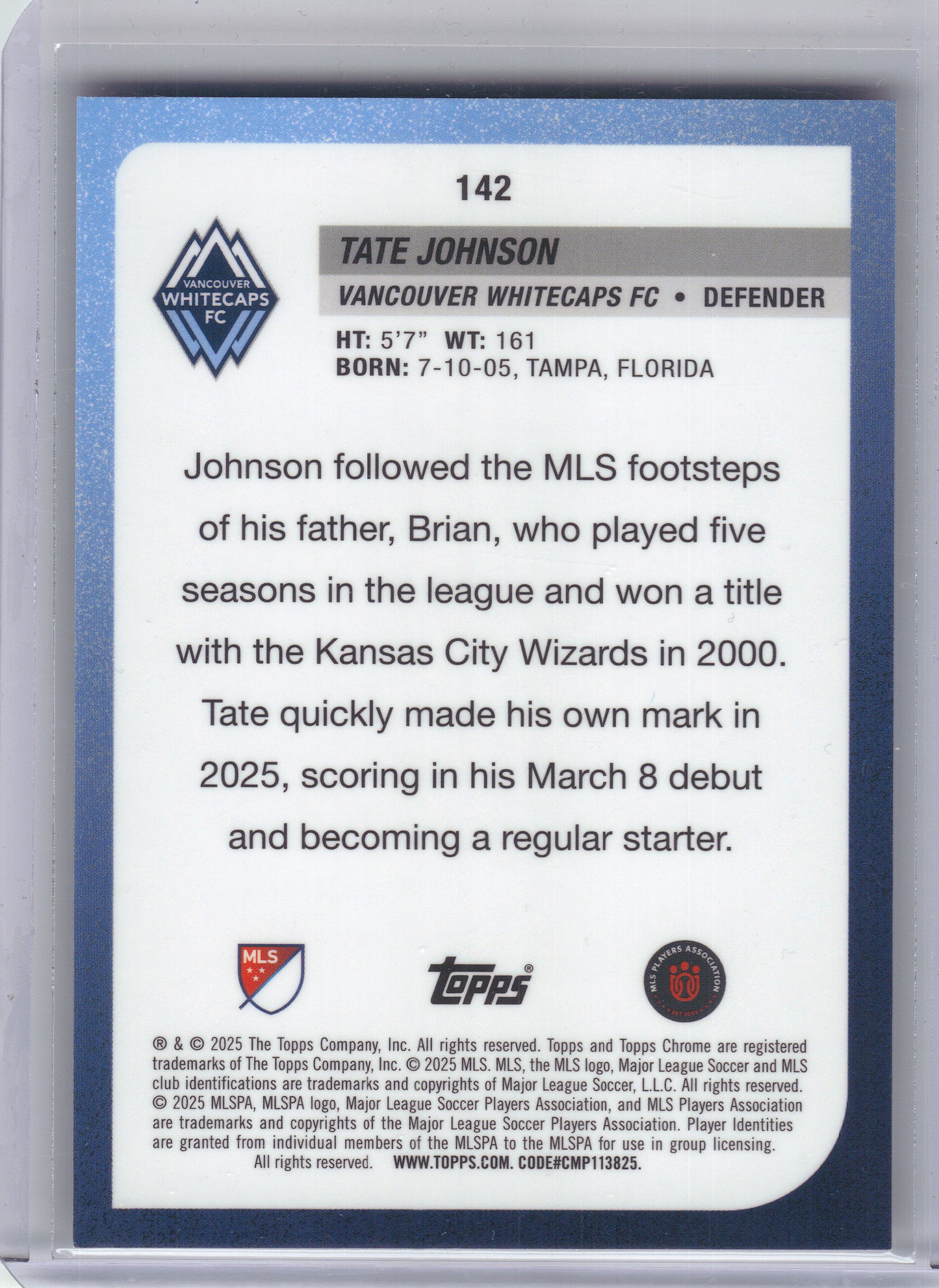 2025 Topps Chrome MLS #142 Tate Johnson Gold Wave Refractor #/50 Vancouver Whitecaps FC SN