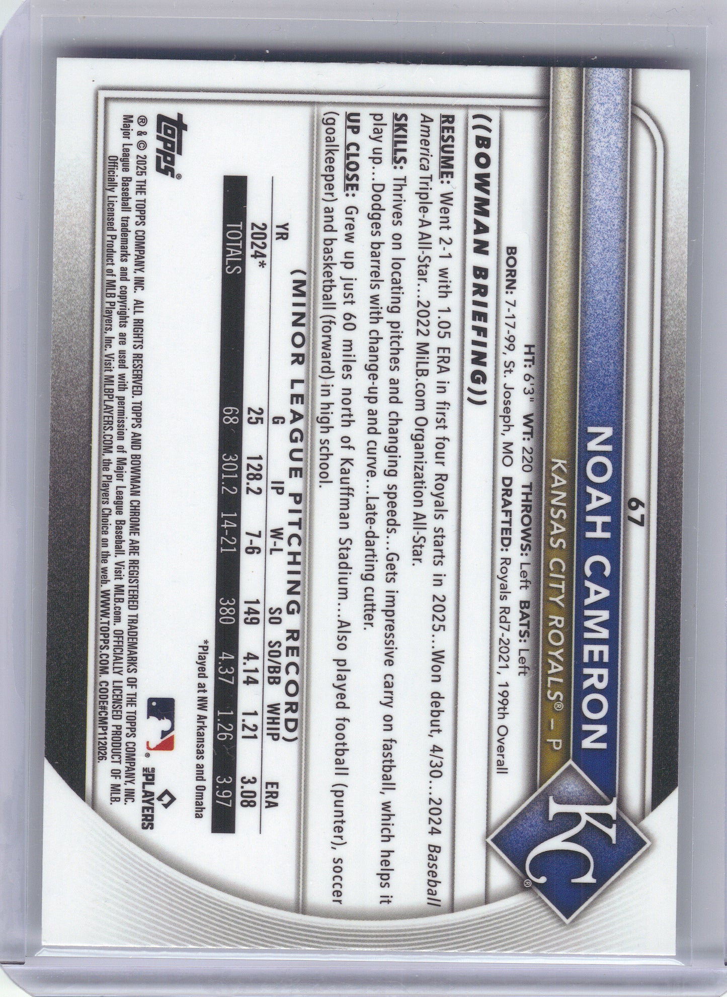 2025 Bowman Chrome #67 Noah Cameron Kansas City Royals Rookie