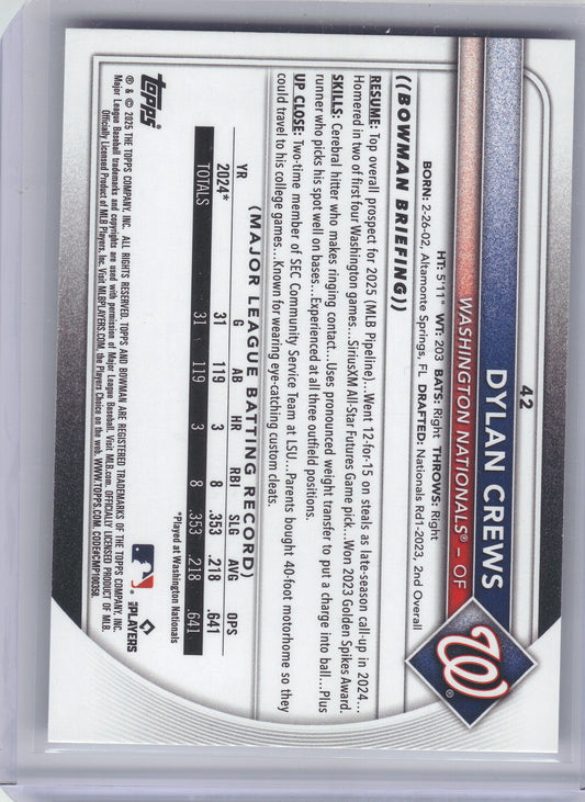 2025 Bowman #42 Dylan Crews Washington Nationals Rookie
