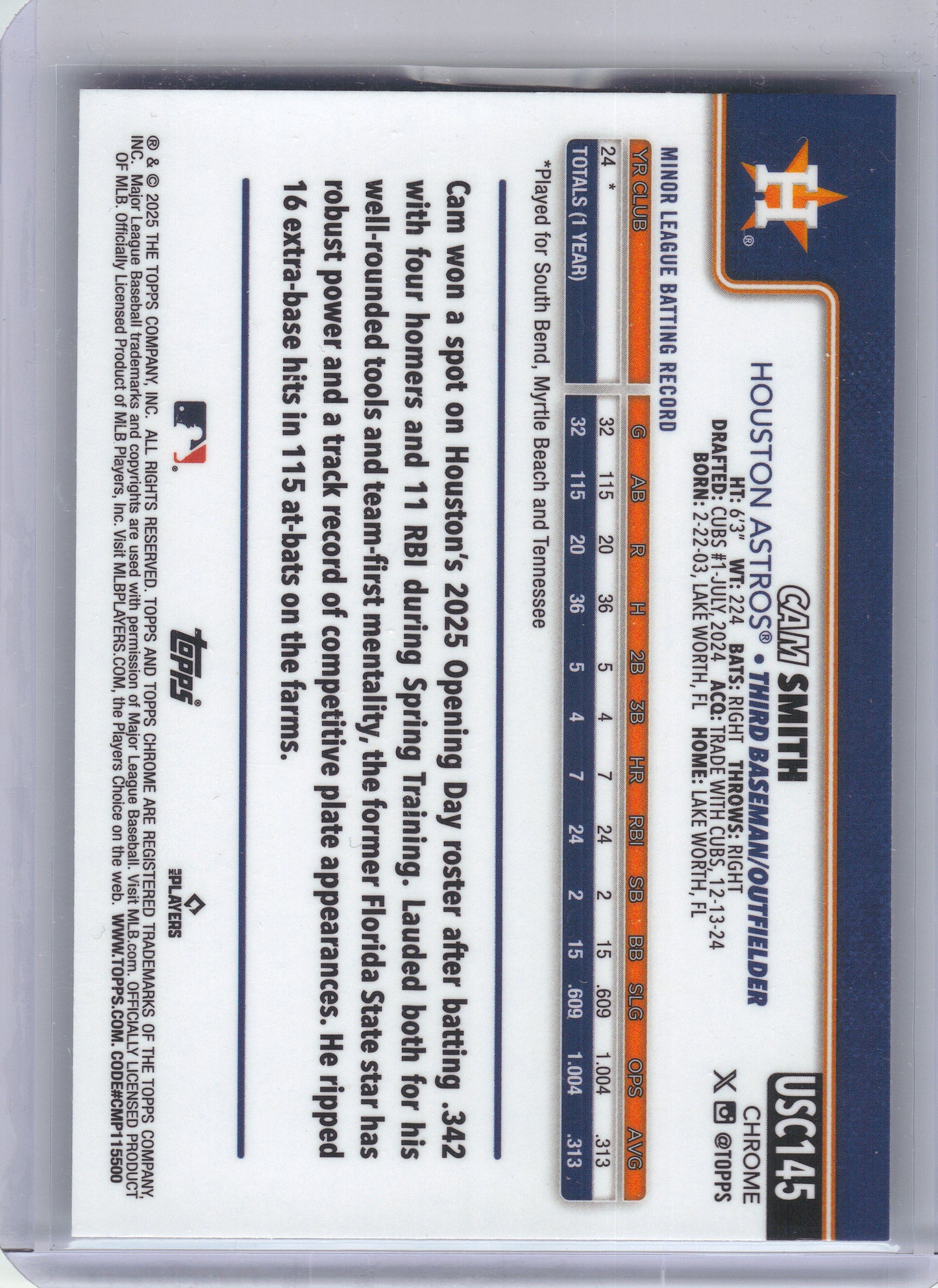 2025 Topps Chrome Update #USC145 Cam Smith Houston Astros Rookie